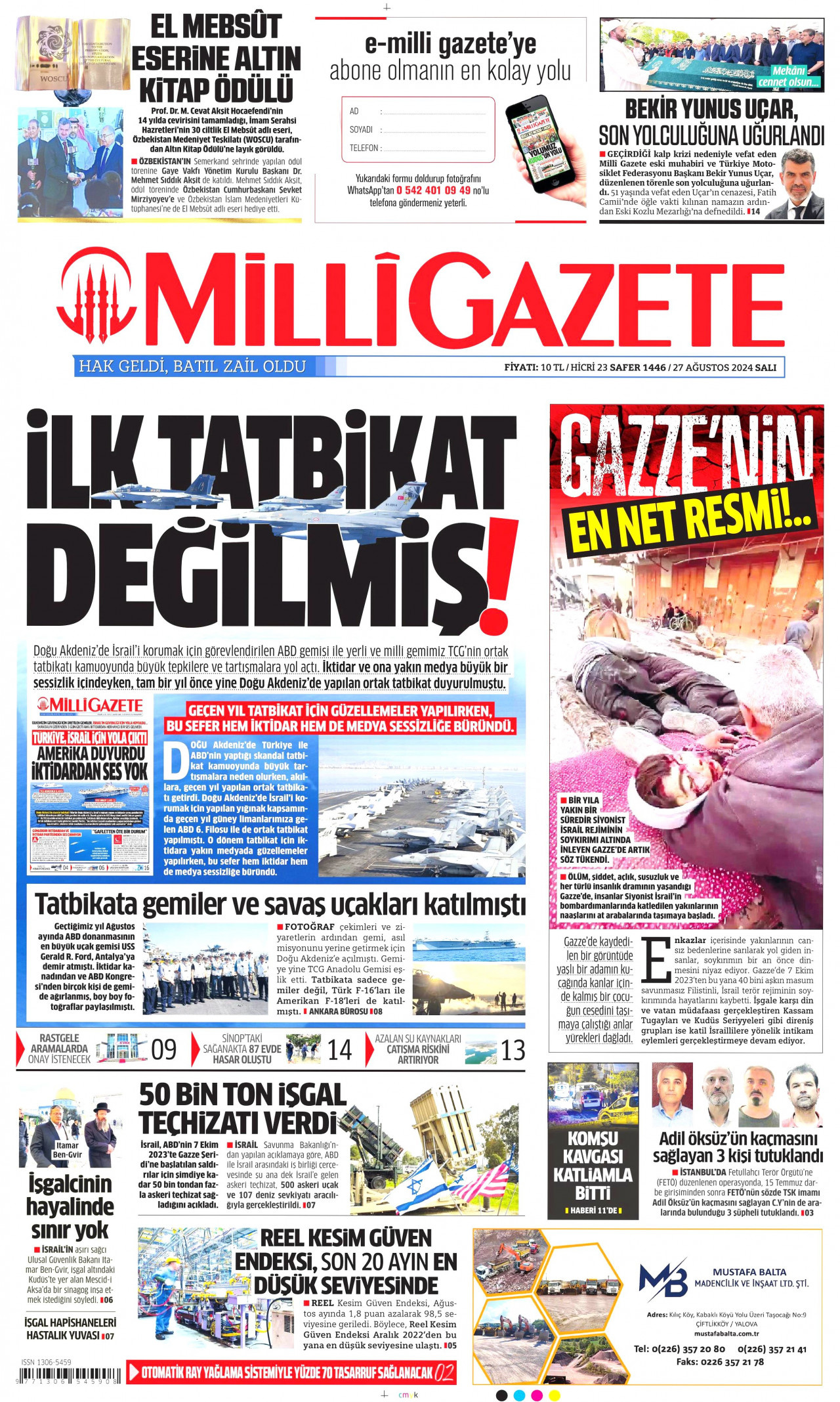 MİLLİ GAZETE gazetesinin 27 Ağustos 2024 tarihli birinci sayfası