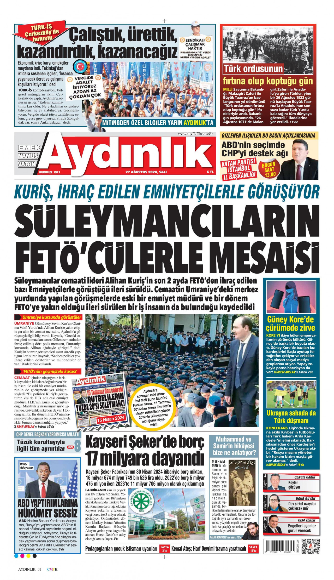 AYDINLIK GAZETESİ gazetesinin 27 Ağustos 2024 tarihli birinci sayfası