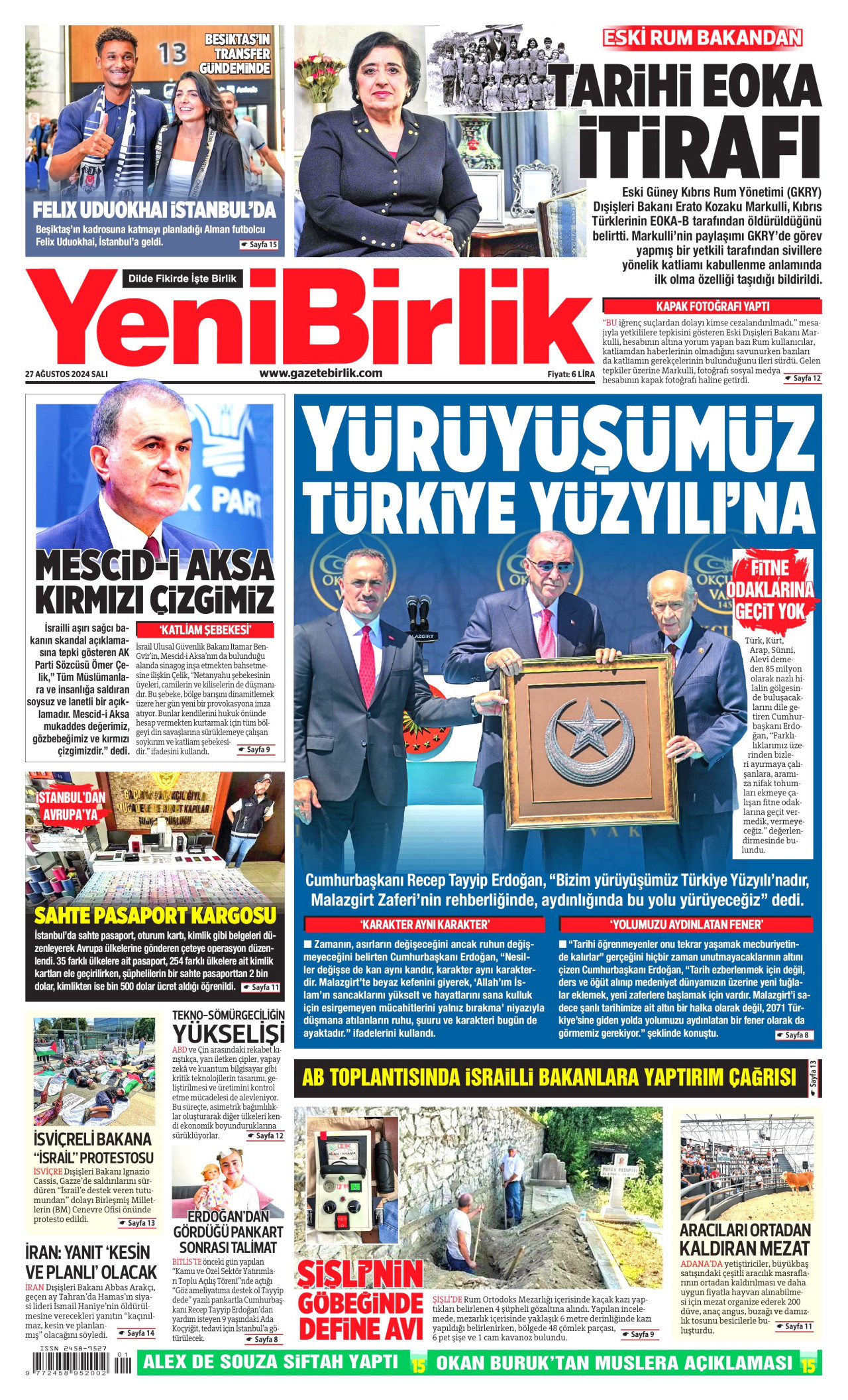 YENİBİRLİK gazetesinin 27 Ağustos 2024 tarihli birinci sayfası