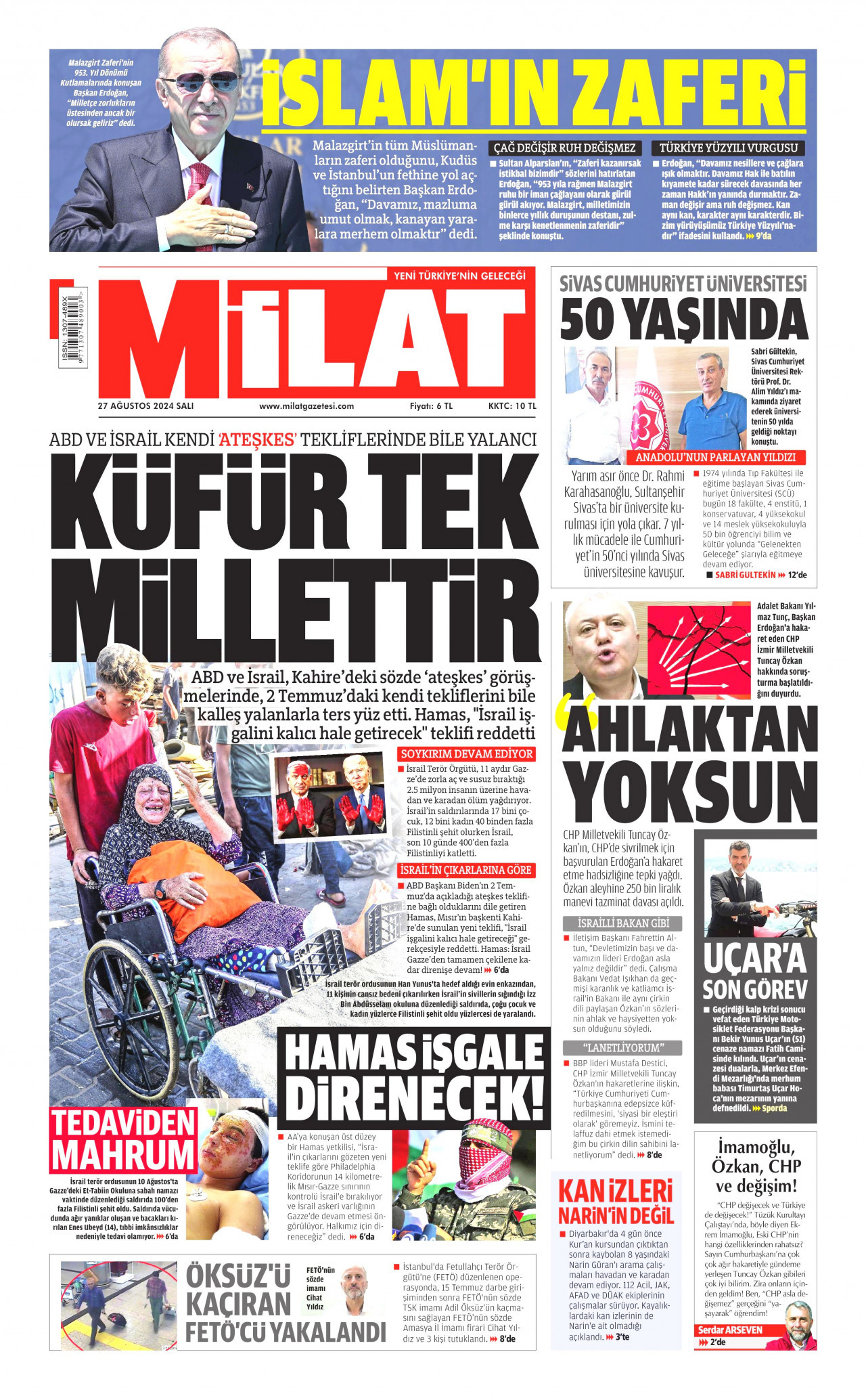 MİLAT gazetesinin 27 Ağustos 2024 tarihli birinci sayfası