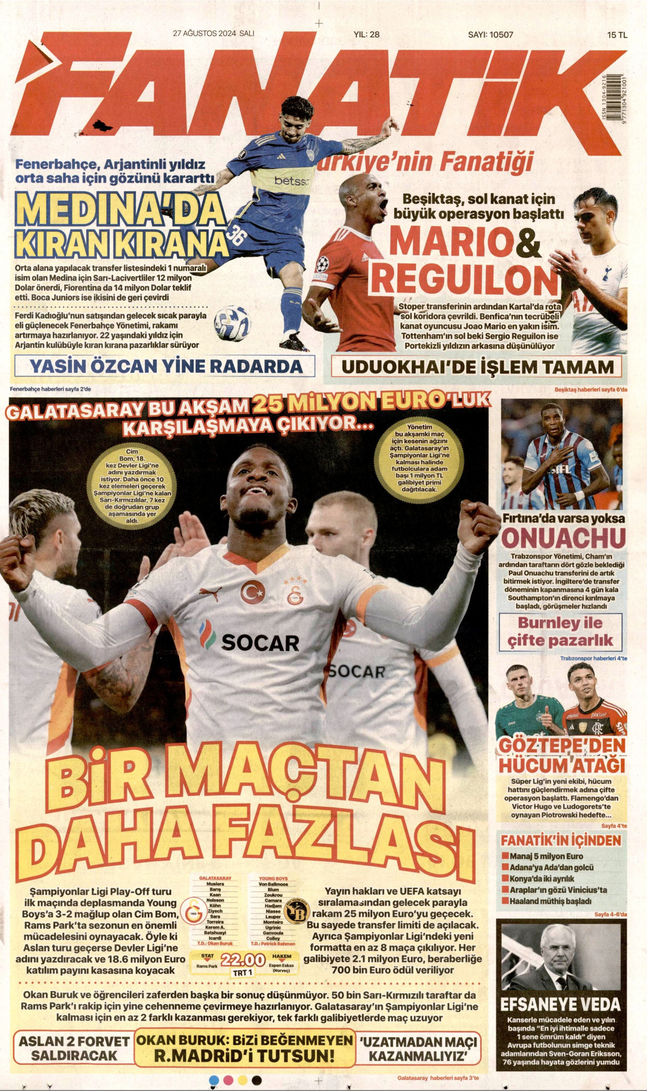 FANATİK gazetesinin 27 Ağustos 2024 tarihli birinci sayfası