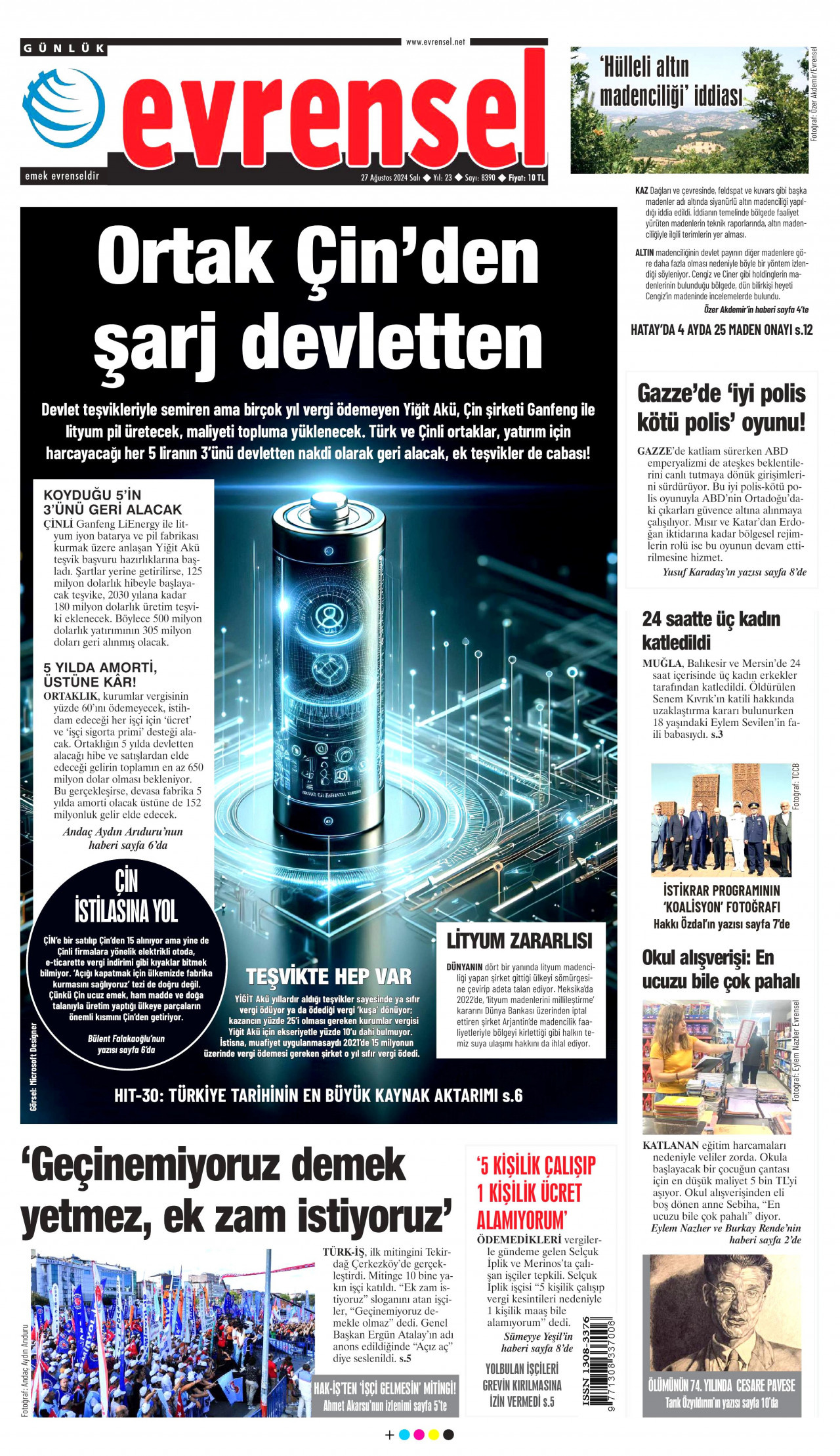 EVRENSEL gazetesinin 27 Ağustos 2024 tarihli birinci sayfası