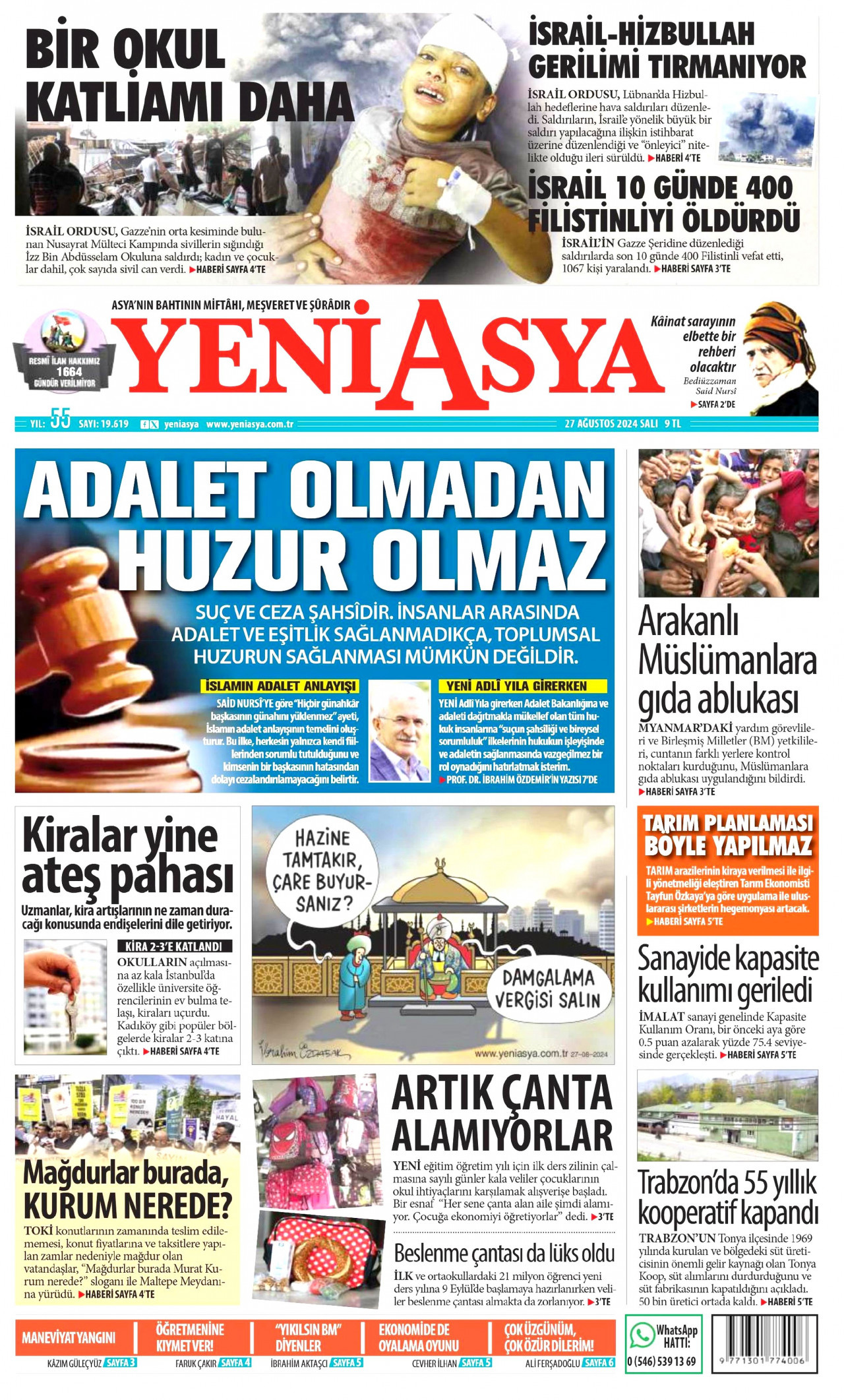 YENİ ASYA gazetesinin 27 Ağustos 2024 tarihli birinci sayfası