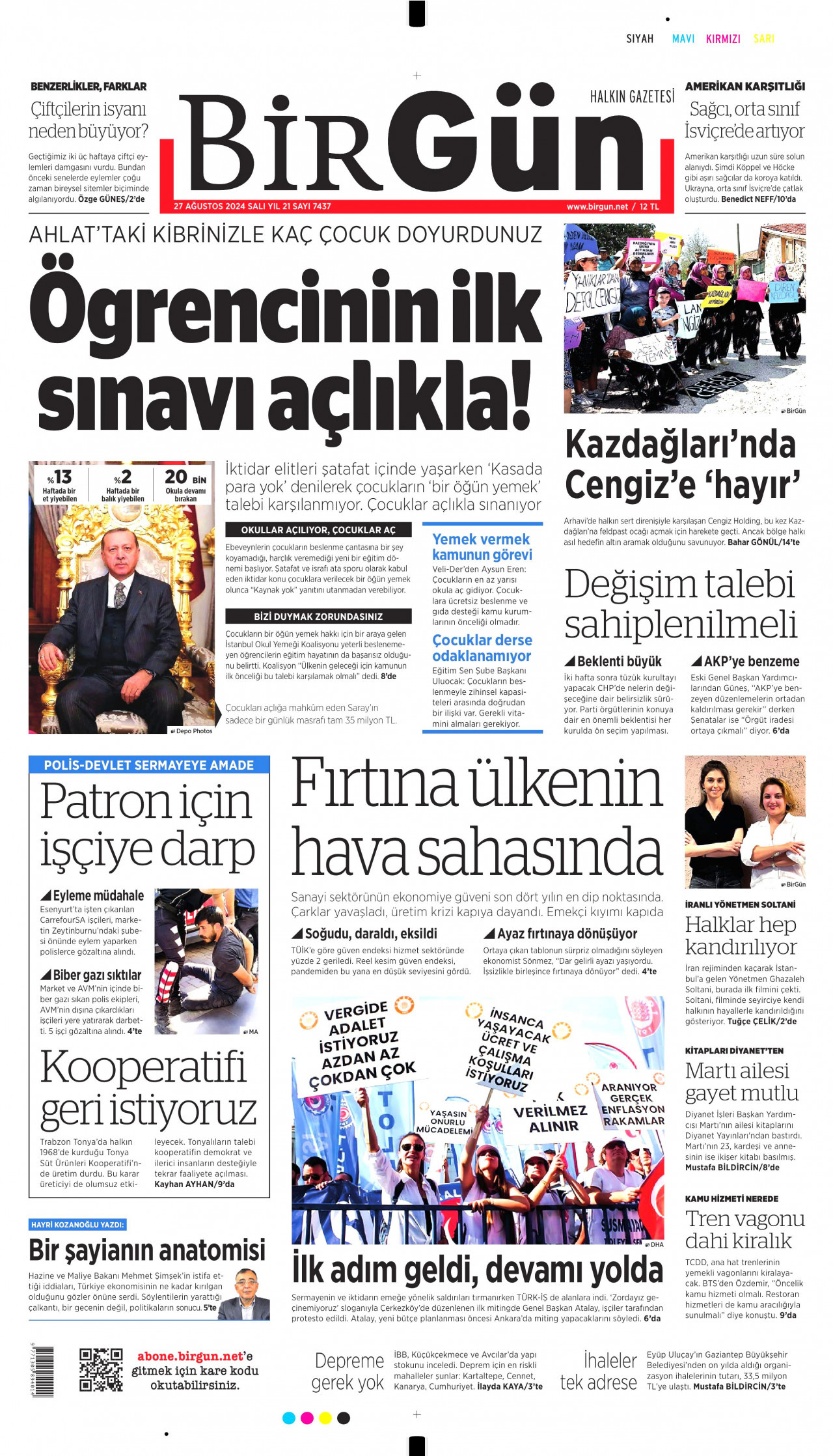 BİRGÜN gazetesinin 27 Ağustos 2024 tarihli birinci sayfası