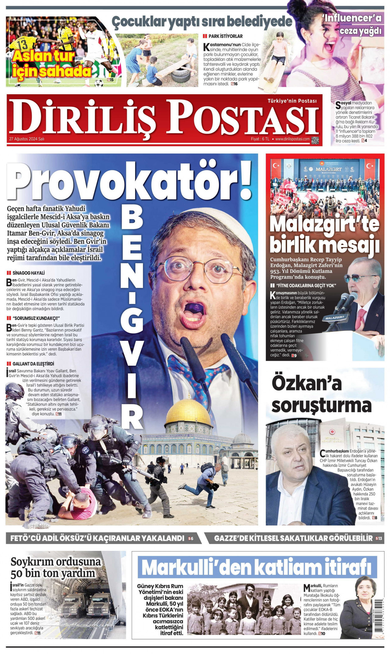DİRİLİŞ POSTASI gazetesinin 27 Ağustos 2024 tarihli birinci sayfası