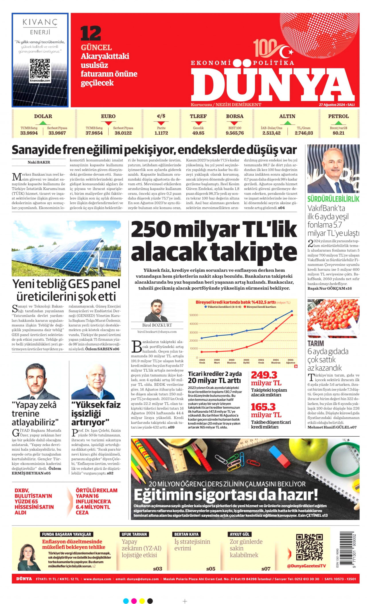 DÜNYA gazetesinin 27 Ağustos 2024 tarihli birinci sayfası