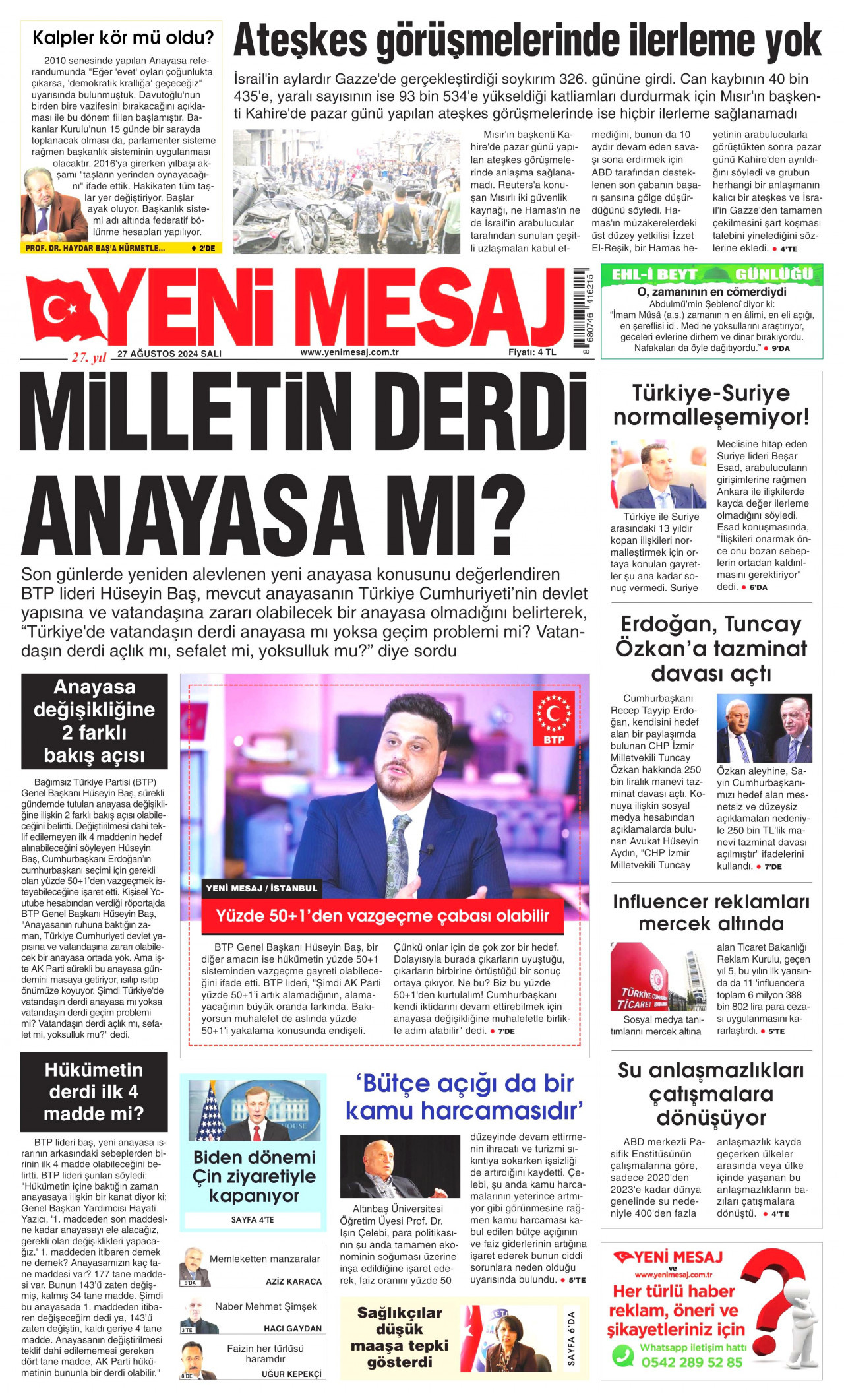 YENİ MESAJ gazetesinin 27 Ağustos 2024 tarihli birinci sayfası