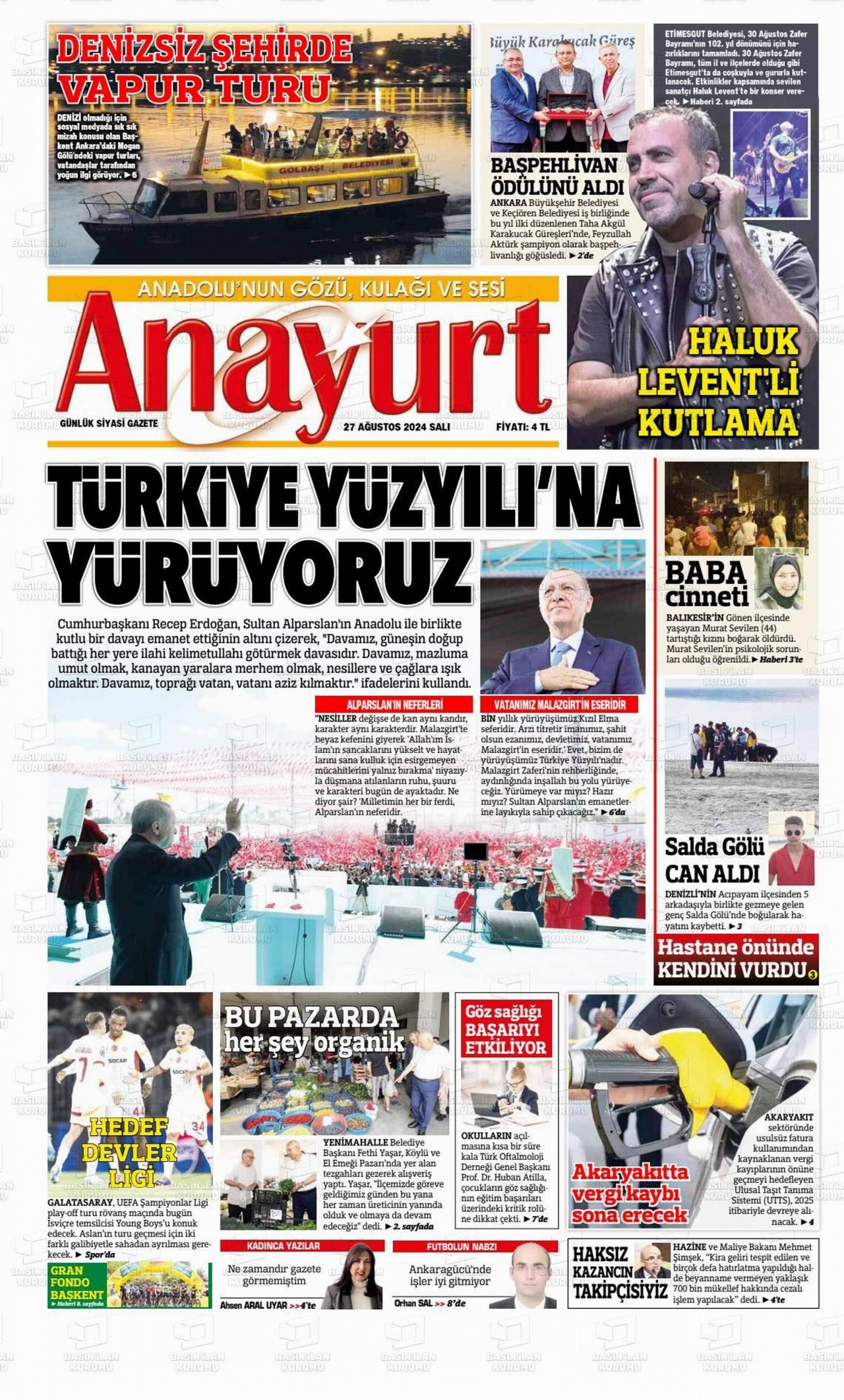 ANAYURT gazetesinin 27 Ağustos 2024 tarihli birinci sayfası