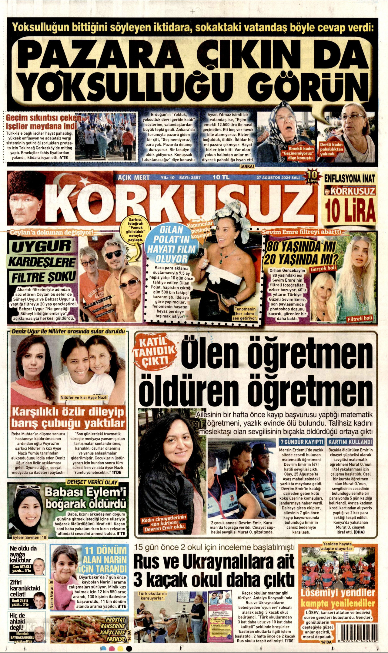 KORKUSUZ gazetesinin 27 Ağustos 2024 tarihli birinci sayfası