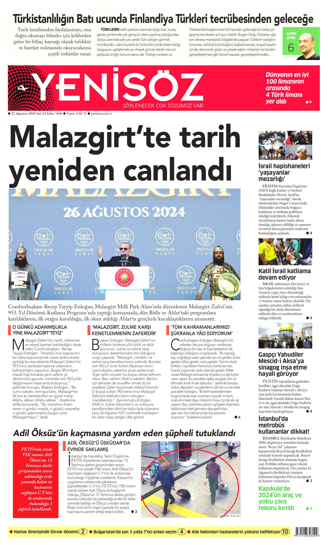 YENİ SÖZ GAZETESİ gazetesinin 27 Ağustos 2024 tarihli birinci sayfası