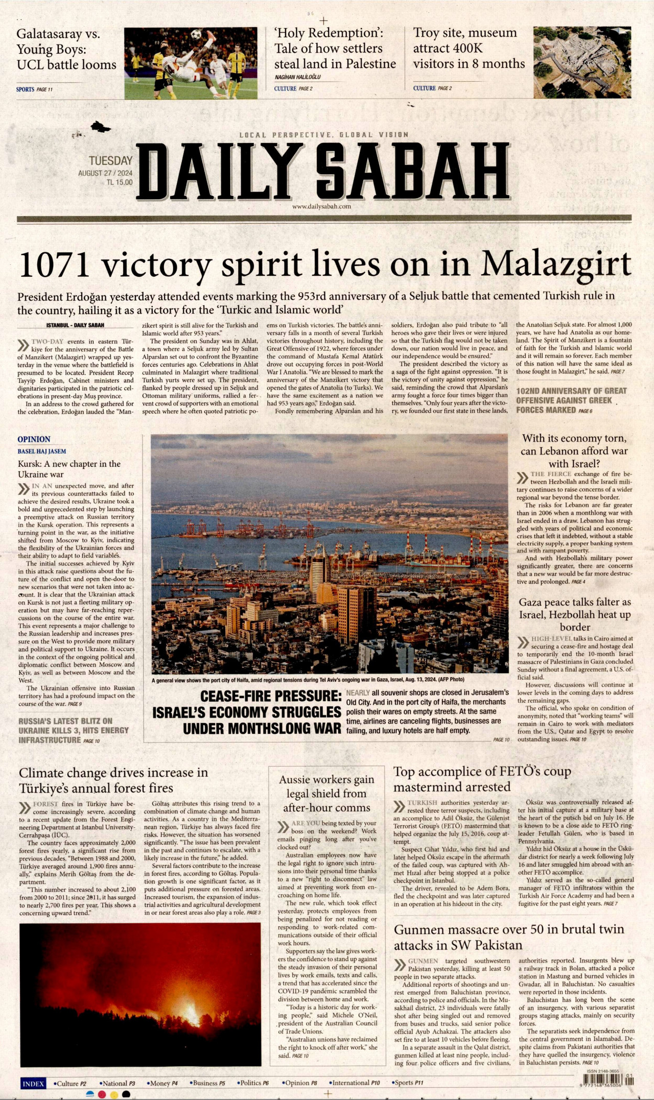 DAİLY SABAH gazetesinin 27 Ağustos 2024 tarihli birinci sayfası