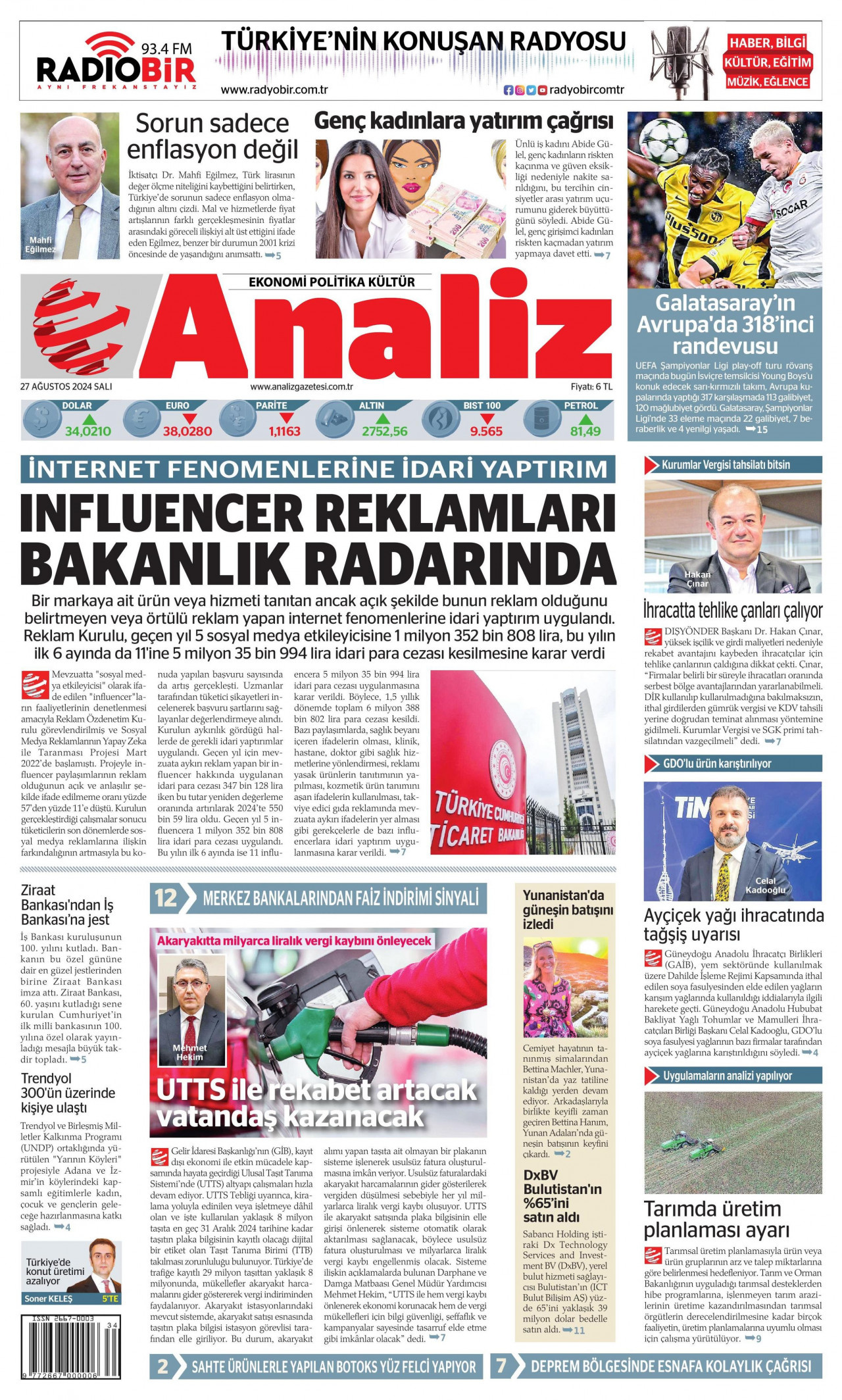 ANALİZ gazetesinin 27 Ağustos 2024 tarihli birinci sayfası