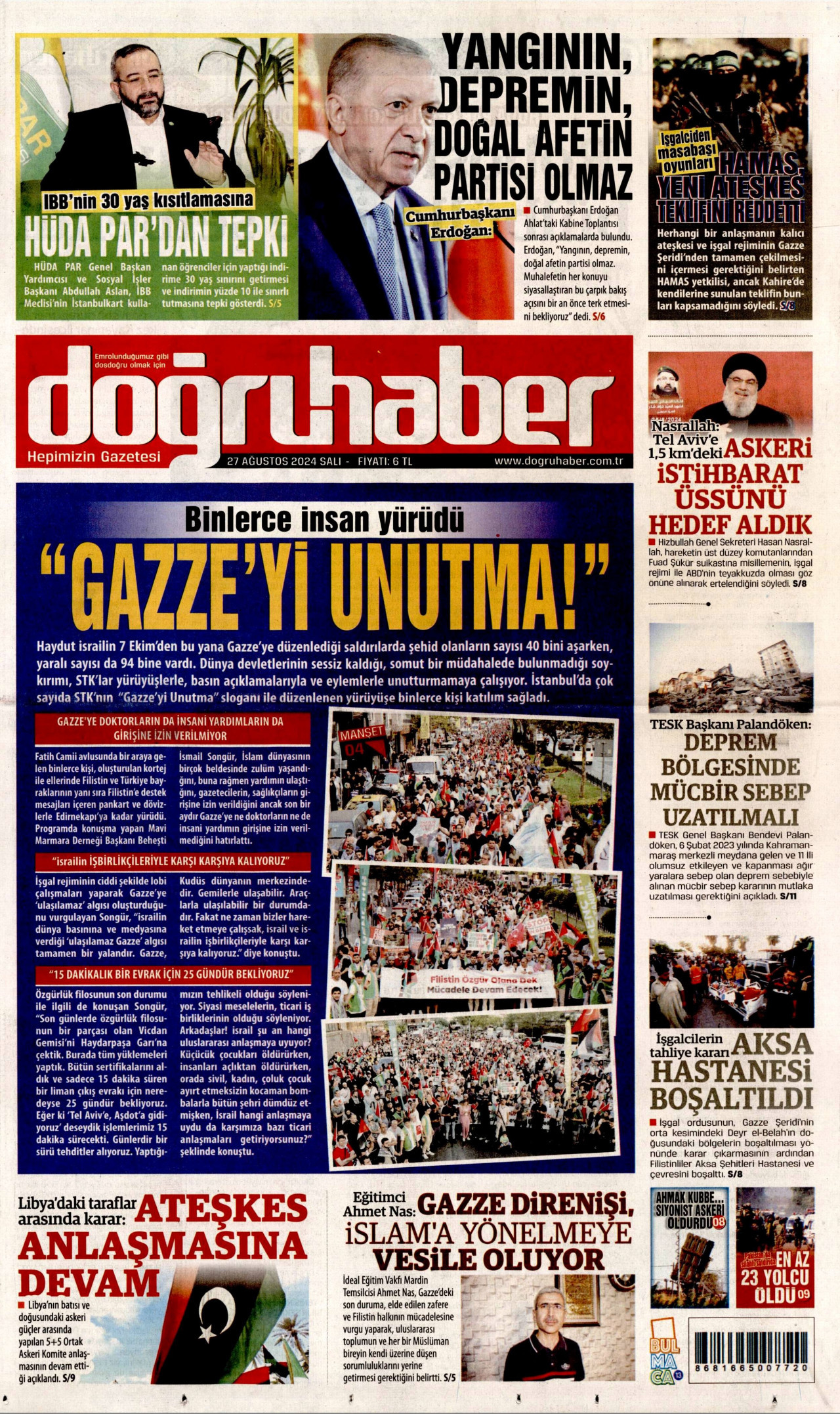 DOĞRU HABER gazetesinin 27 Ağustos 2024 tarihli birinci sayfası