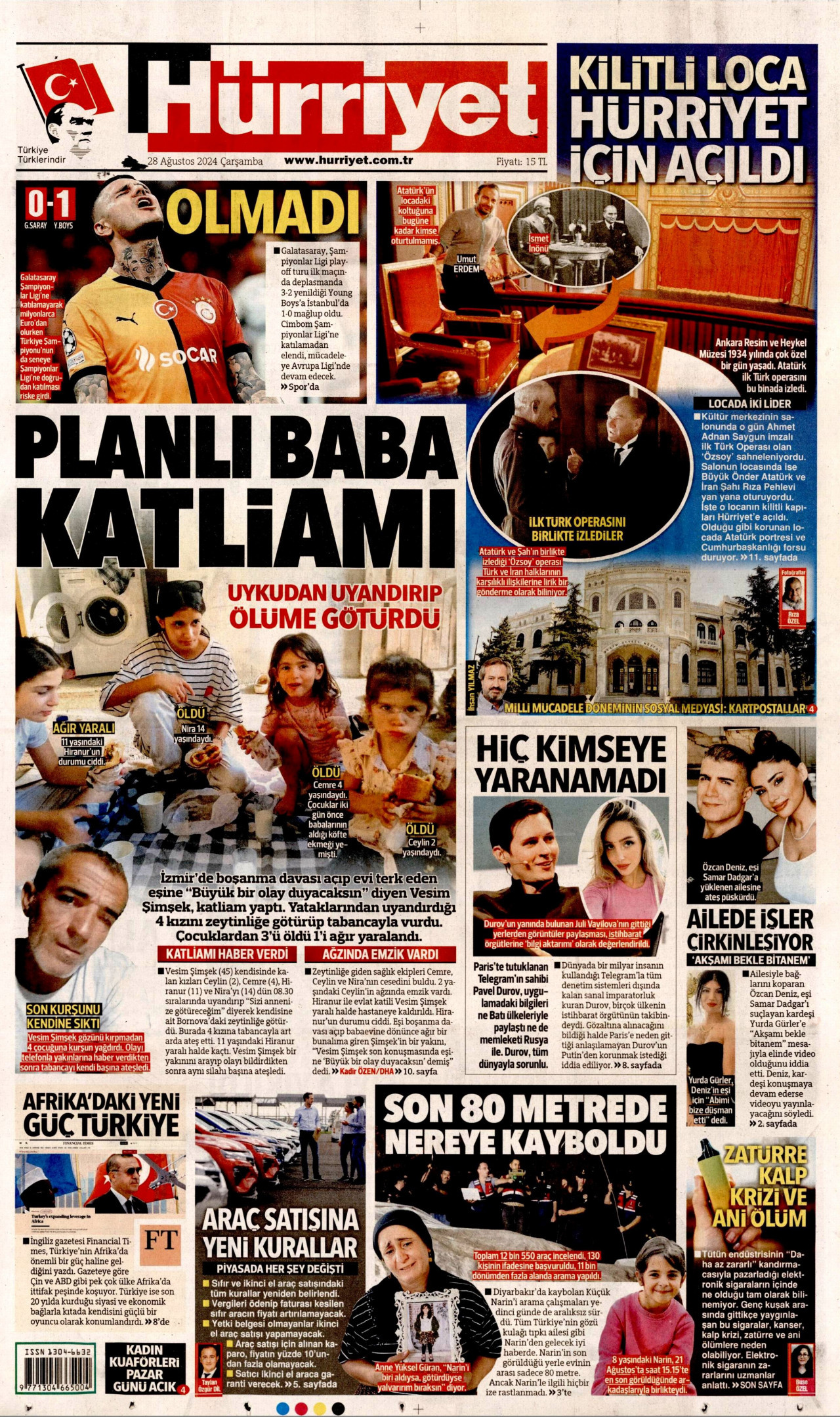 HÜRRİYET gazetesinin 28 Ağustos 2024 tarihli birinci sayfası