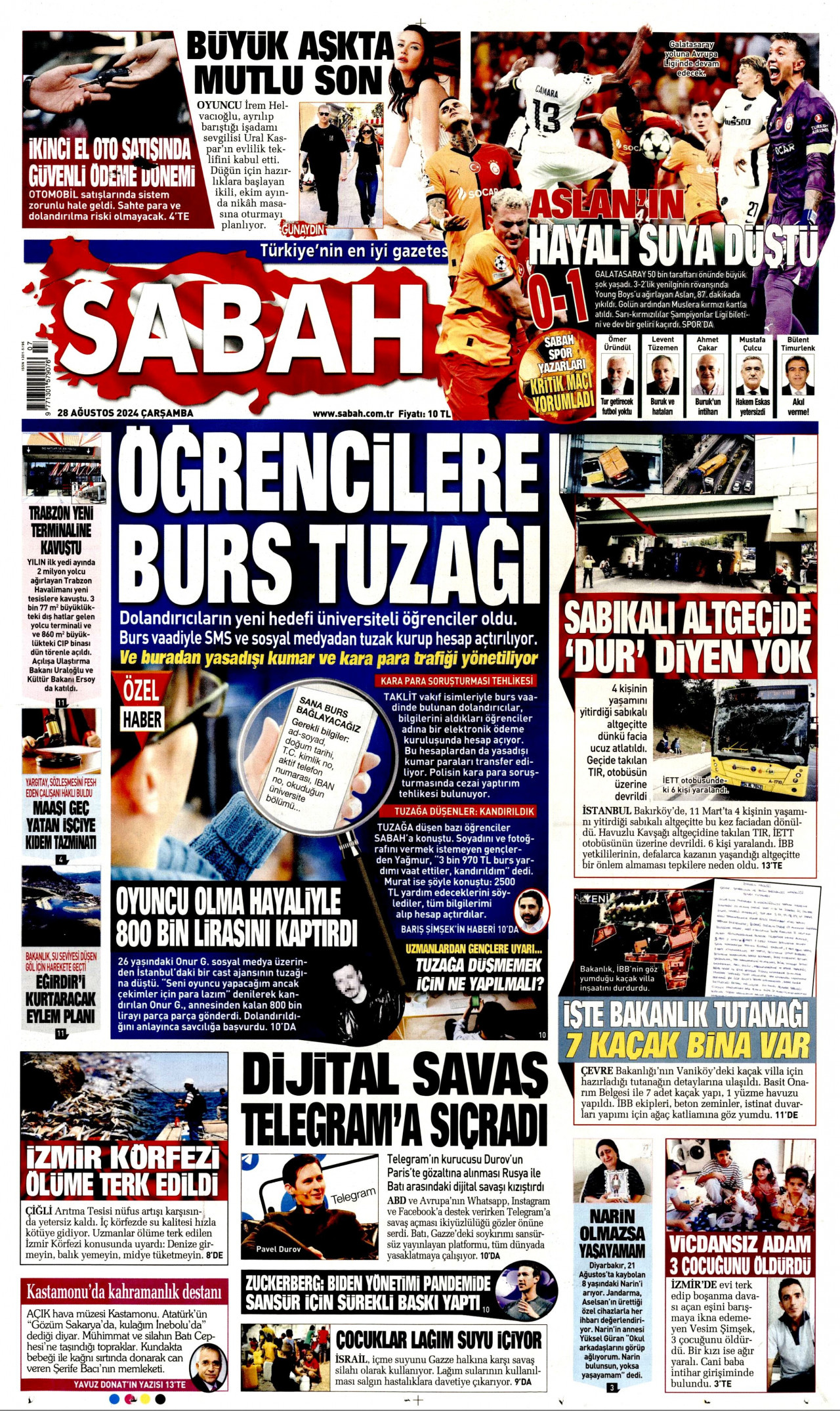 SABAH gazetesinin 28 Ağustos 2024 tarihli birinci sayfası