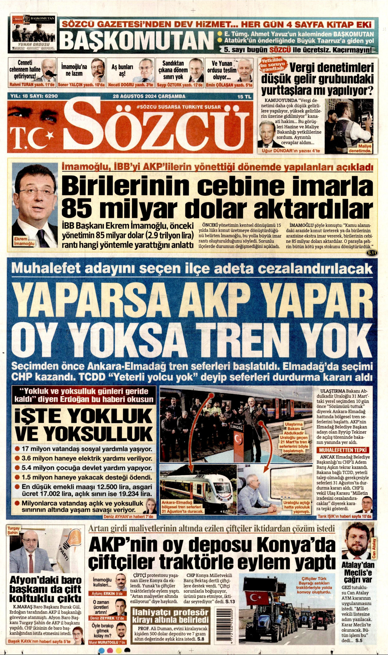 SÖZCÜ gazetesinin 28 Ağustos 2024 tarihli birinci sayfası