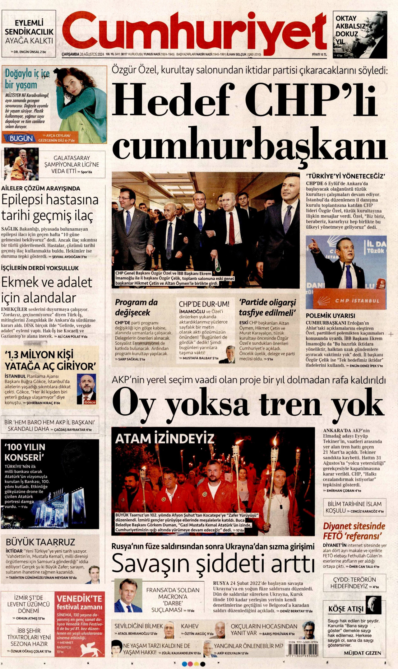 CUMHURİYET gazetesinin 28 Ağustos 2024 tarihli birinci sayfası