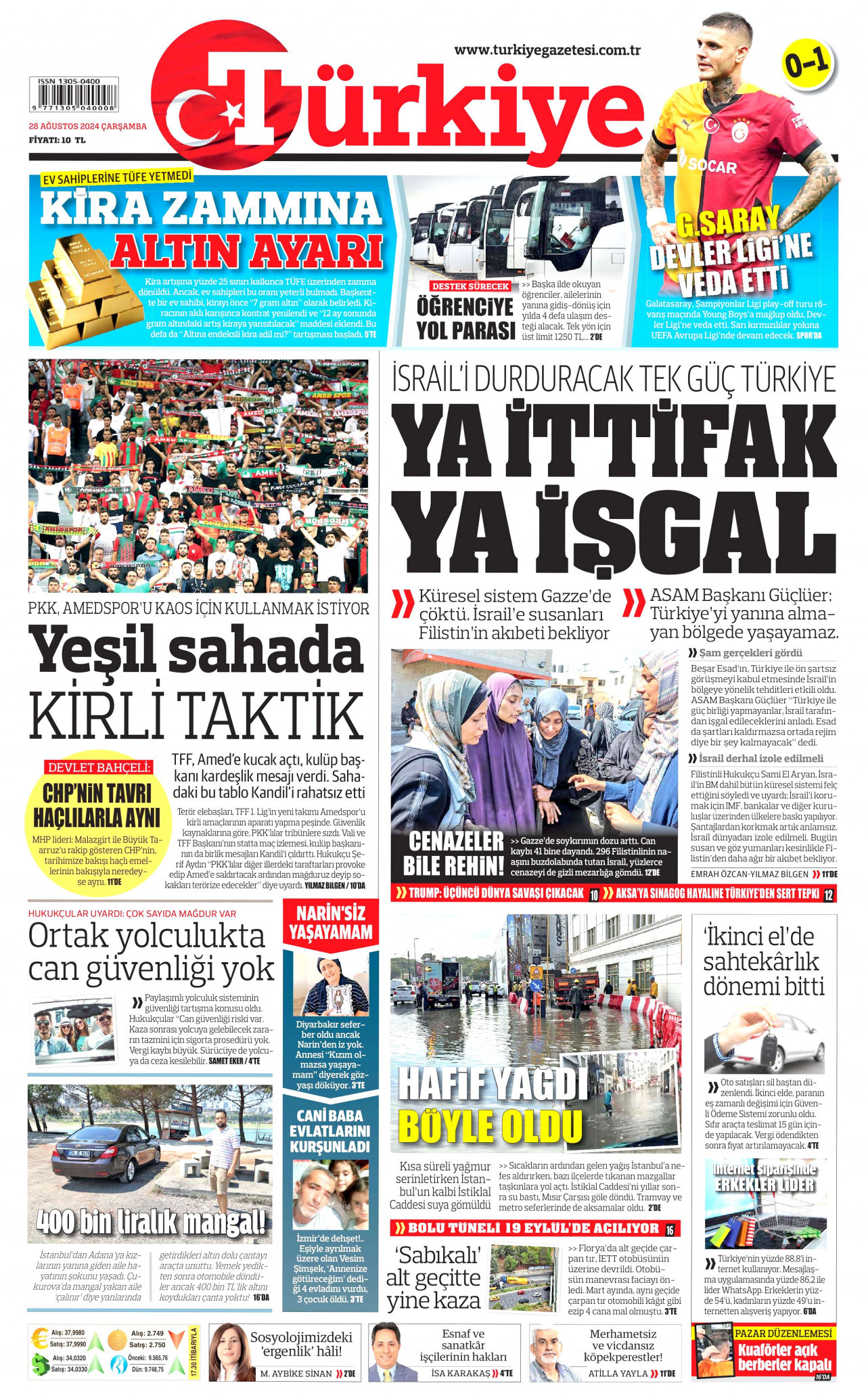 TÜRKİYE GAZETESİ gazetesinin 28 Ağustos 2024 tarihli birinci sayfası