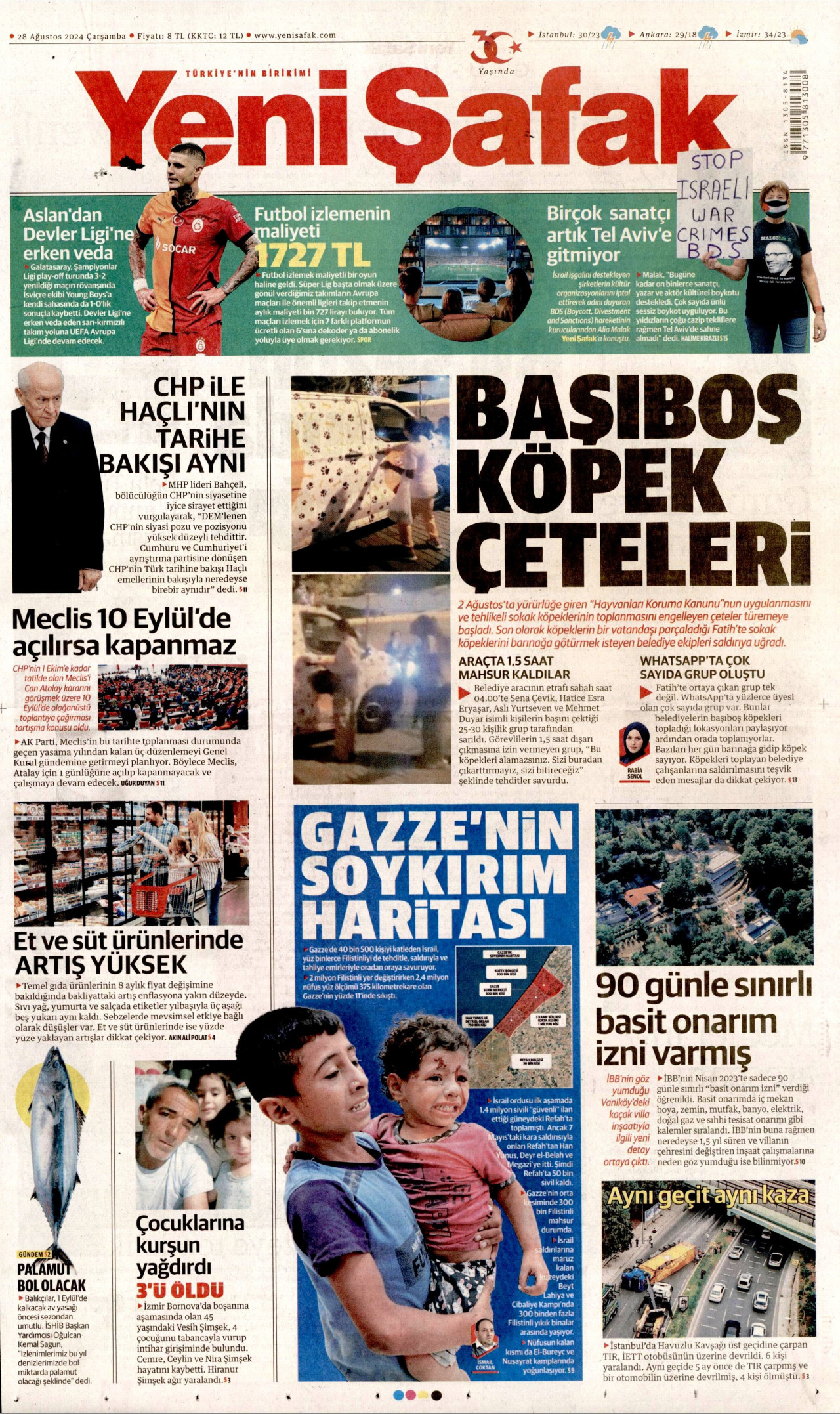 YENİ ŞAFAK gazetesinin 28 Ağustos 2024 tarihli birinci sayfası