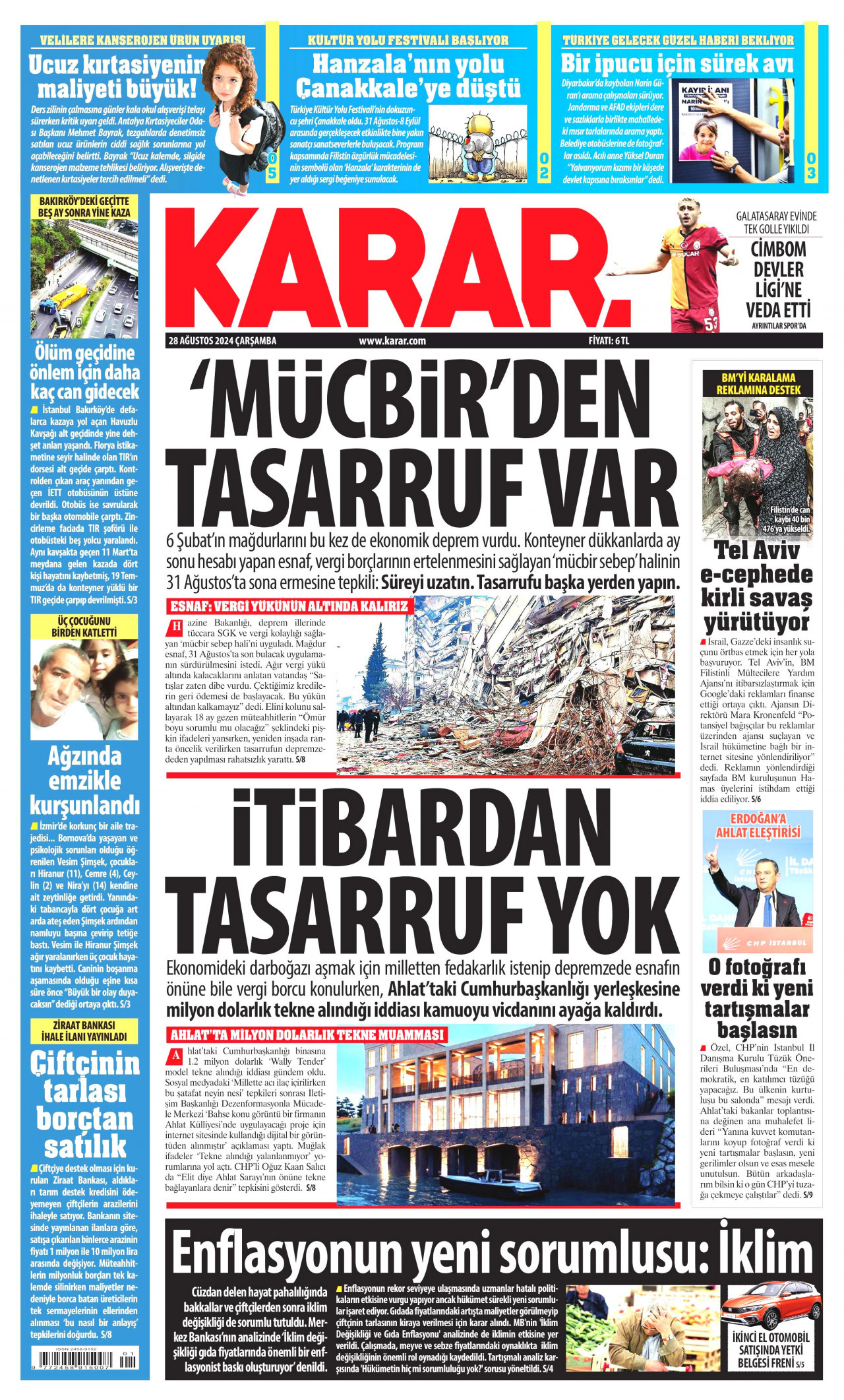 KARAR gazetesinin 28 Ağustos 2024 tarihli birinci sayfası