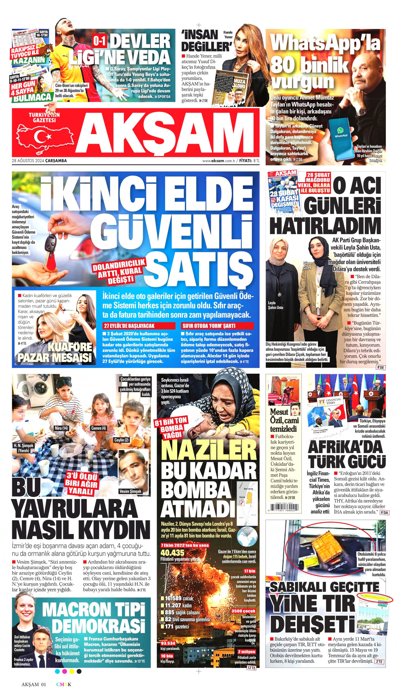 AKŞAM gazetesinin 28 Ağustos 2024 tarihli birinci sayfası