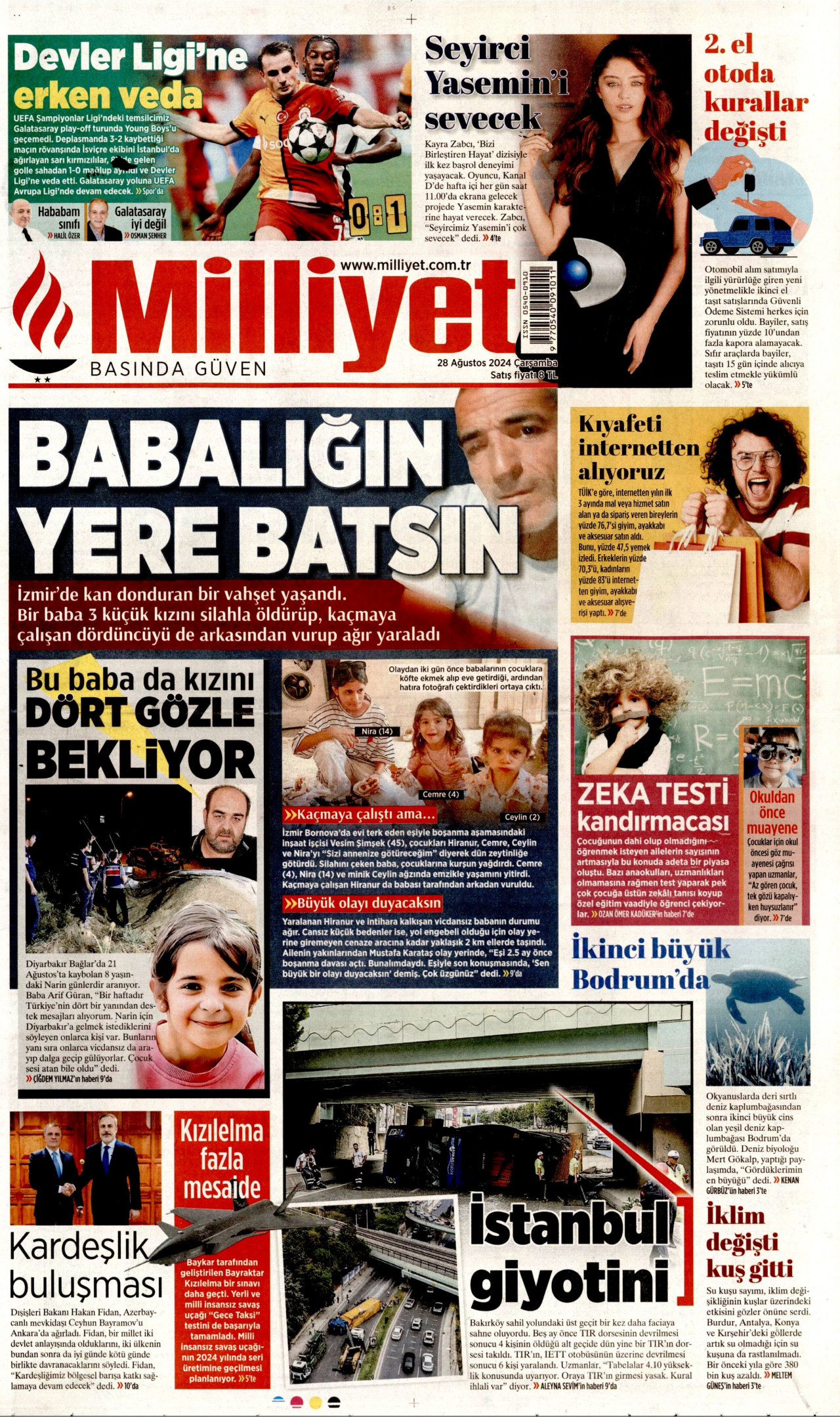 MİLLİYET gazetesinin 28 Ağustos 2024 tarihli birinci sayfası