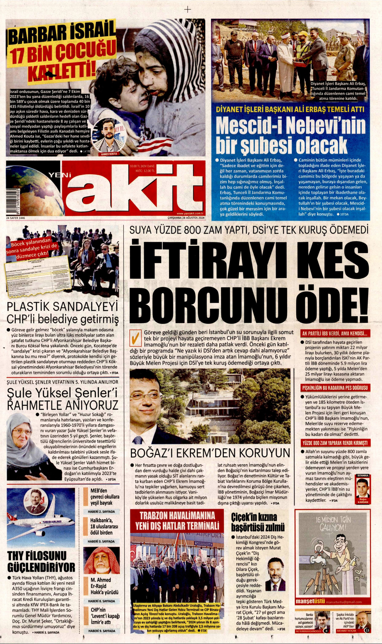 YENİ AKİT gazetesinin 28 Ağustos 2024 tarihli birinci sayfası