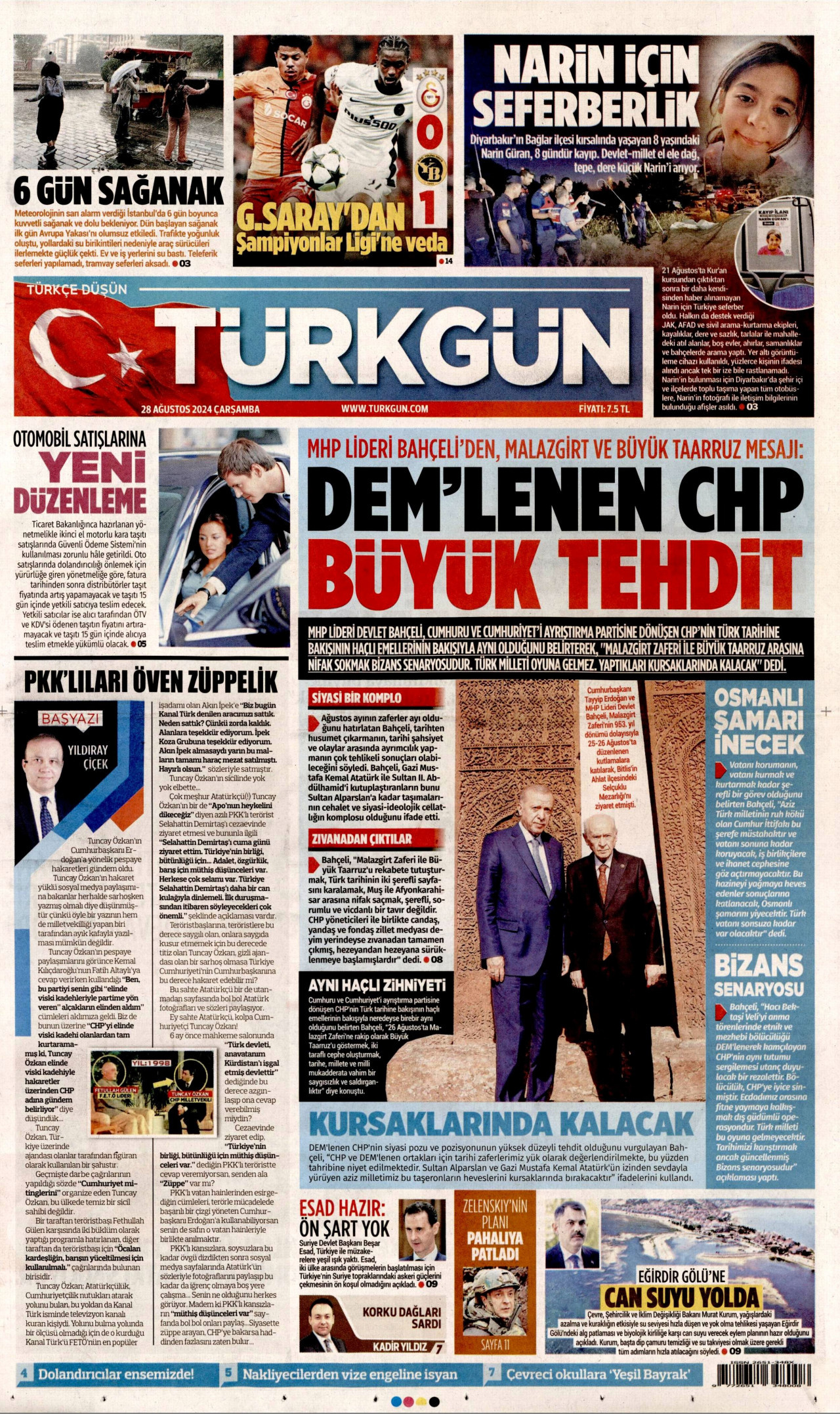 TÜRKGÜN gazetesinin 28 Ağustos 2024 tarihli birinci sayfası