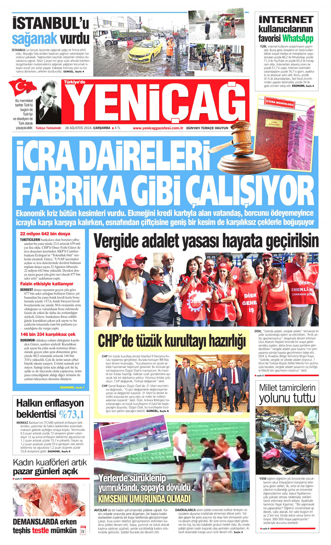 YENİÇAĞ gazetesinin 28 Ağustos 2024 tarihli birinci sayfası