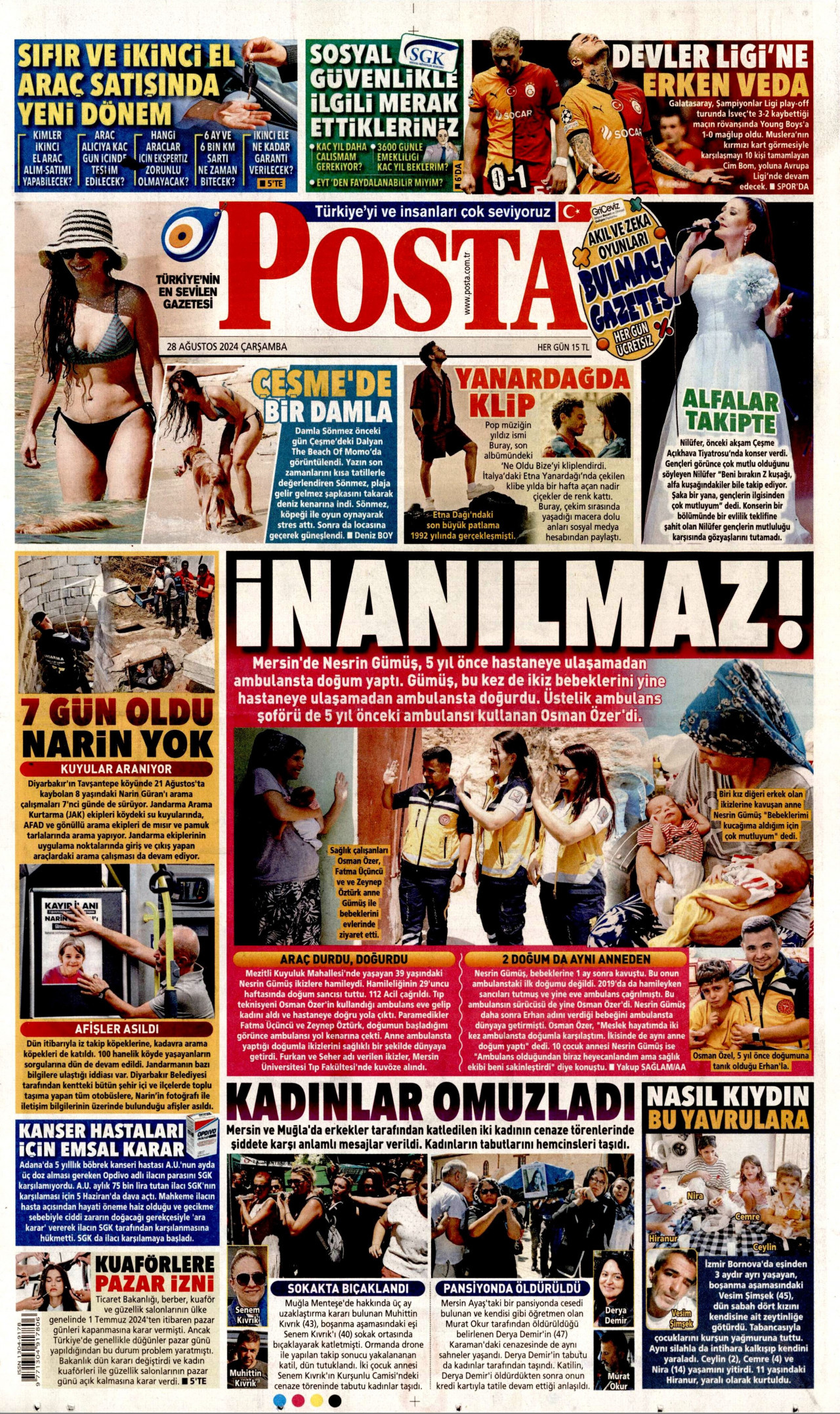 POSTA gazetesinin 28 Ağustos 2024 tarihli birinci sayfası