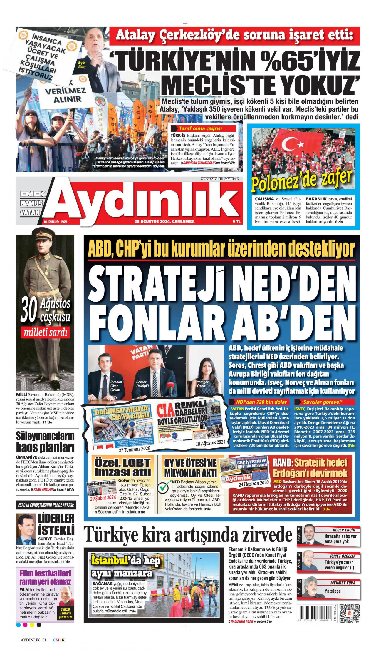 AYDINLIK GAZETESİ gazetesinin 28 Ağustos 2024 tarihli birinci sayfası
