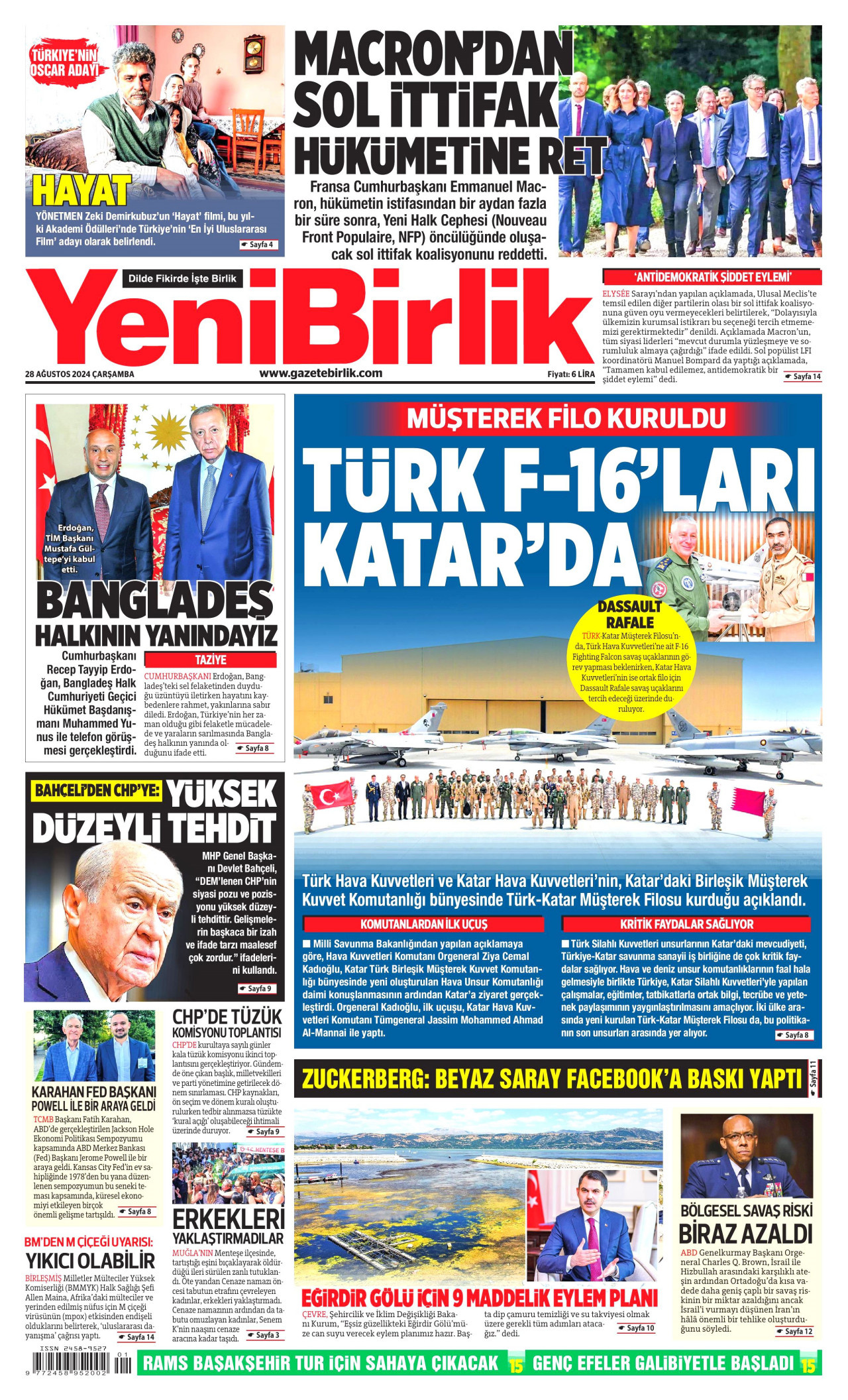 YENİBİRLİK gazetesinin 28 Ağustos 2024 tarihli birinci sayfası
