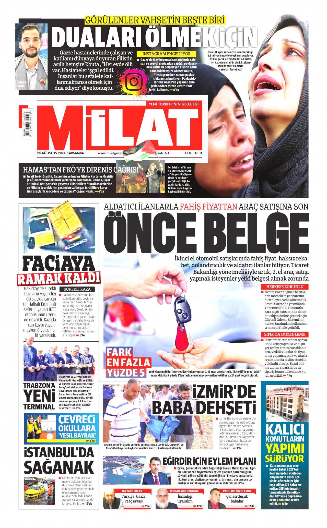 MİLAT gazetesinin 28 Ağustos 2024 tarihli birinci sayfası