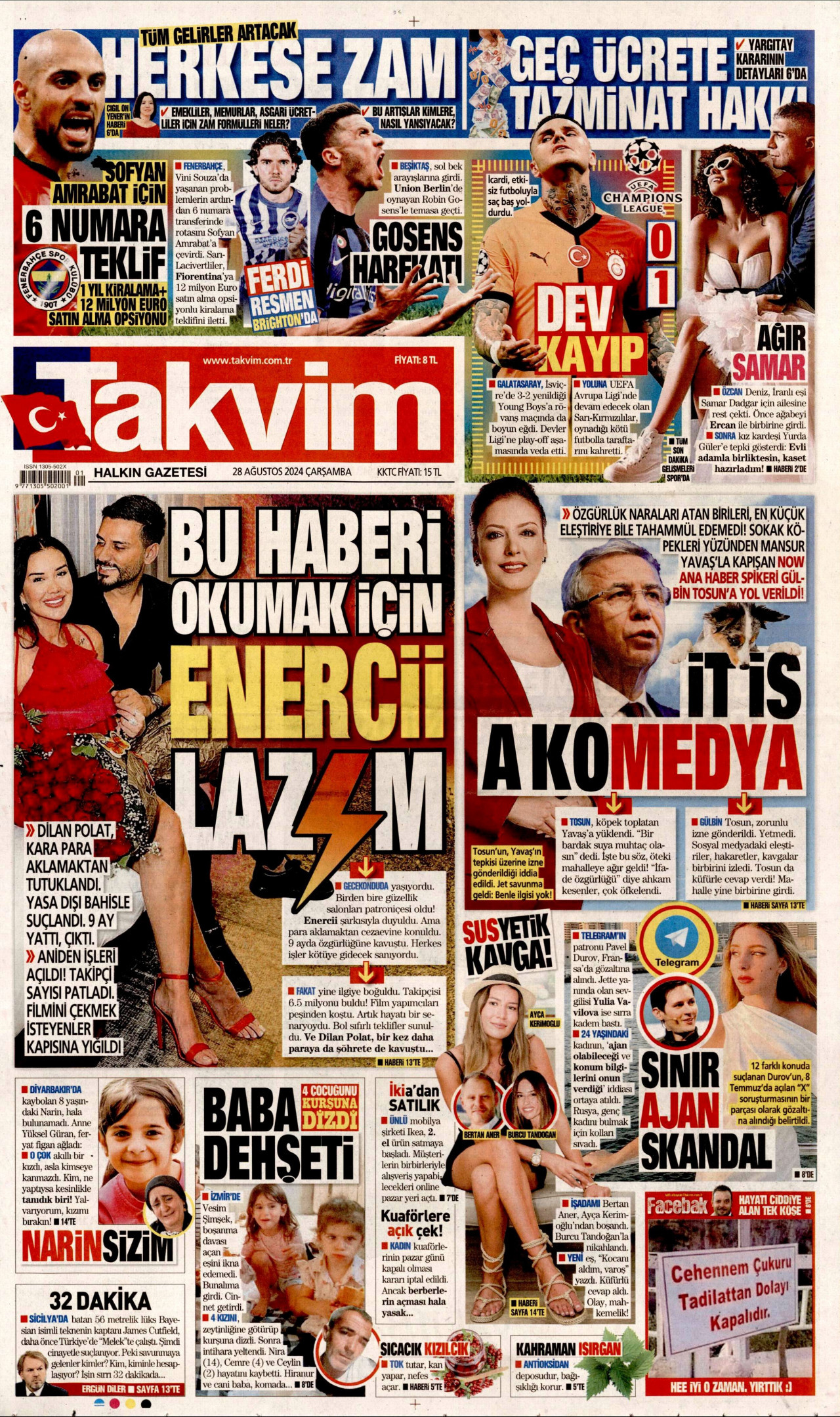 TAKVİM gazetesinin 28 Ağustos 2024 tarihli birinci sayfası