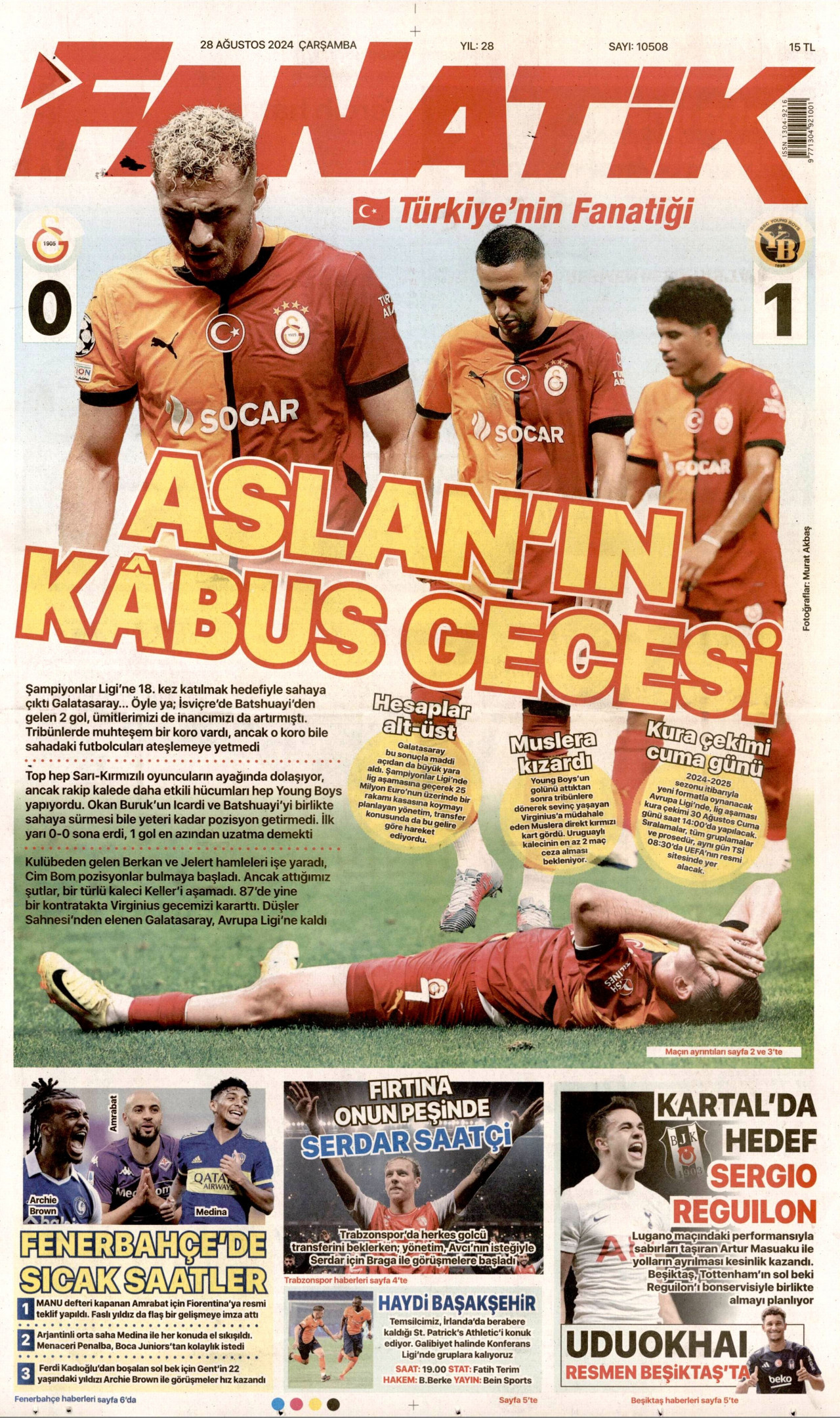 FANATİK gazetesinin 28 Ağustos 2024 tarihli birinci sayfası