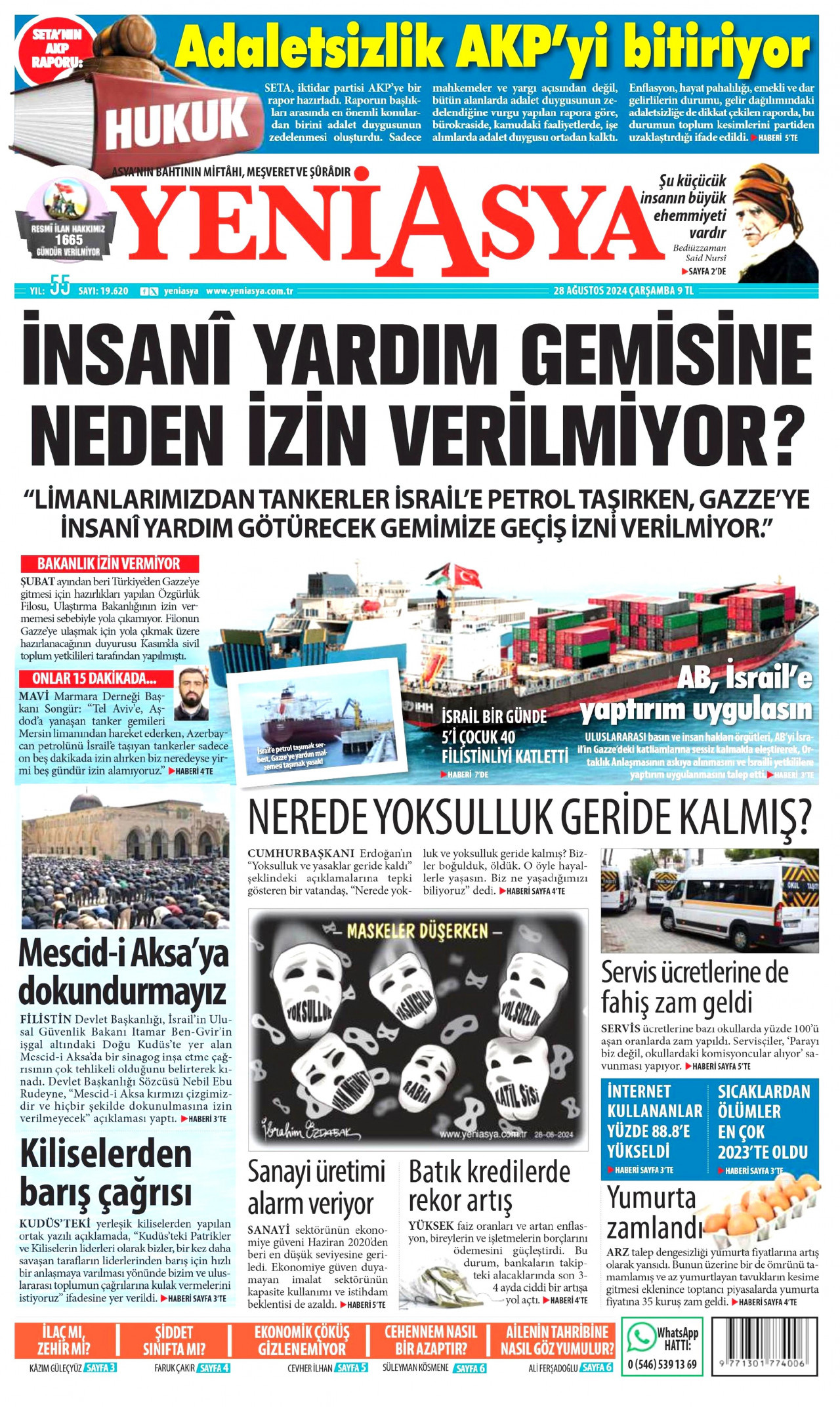 YENİ ASYA gazetesinin 28 Ağustos 2024 tarihli birinci sayfası