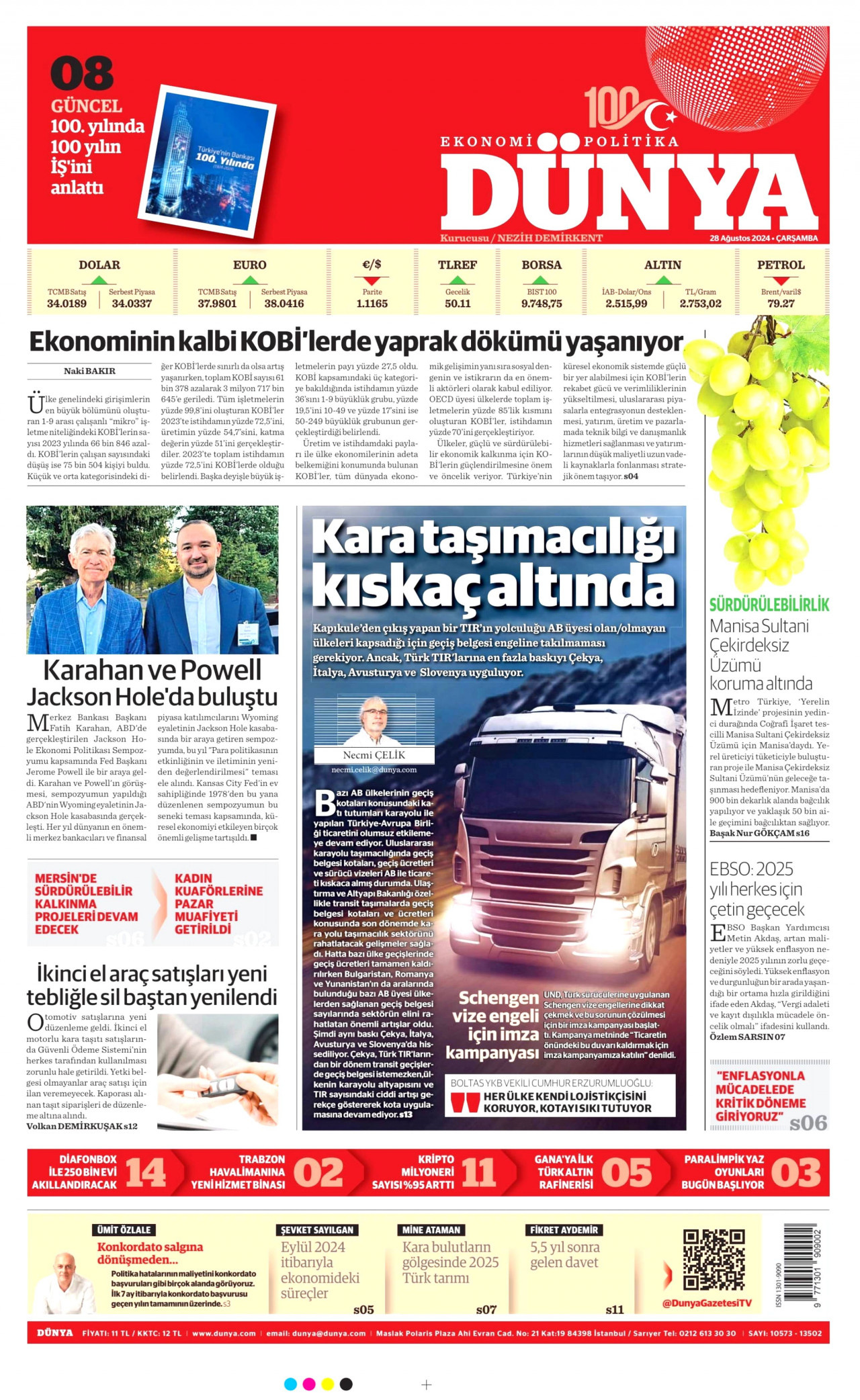 DÜNYA gazetesinin 28 Ağustos 2024 tarihli birinci sayfası