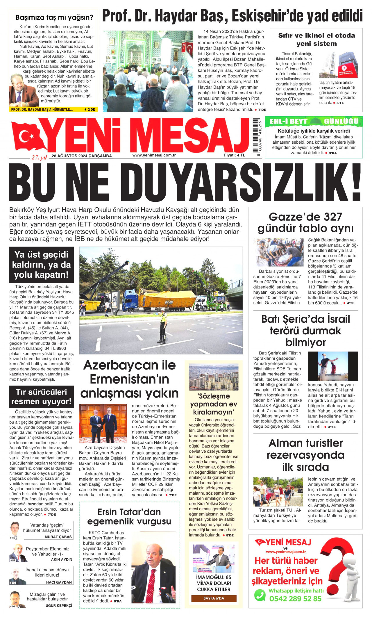 YENİ MESAJ gazetesinin 28 Ağustos 2024 tarihli birinci sayfası