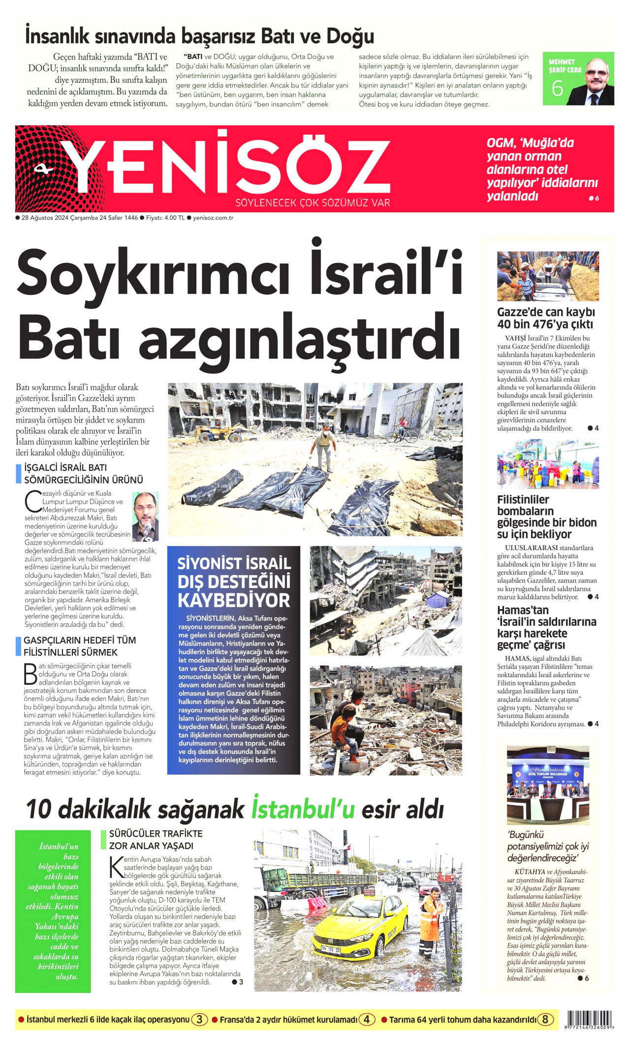 YENİ SÖZ GAZETESİ gazetesinin 28 Ağustos 2024 tarihli birinci sayfası