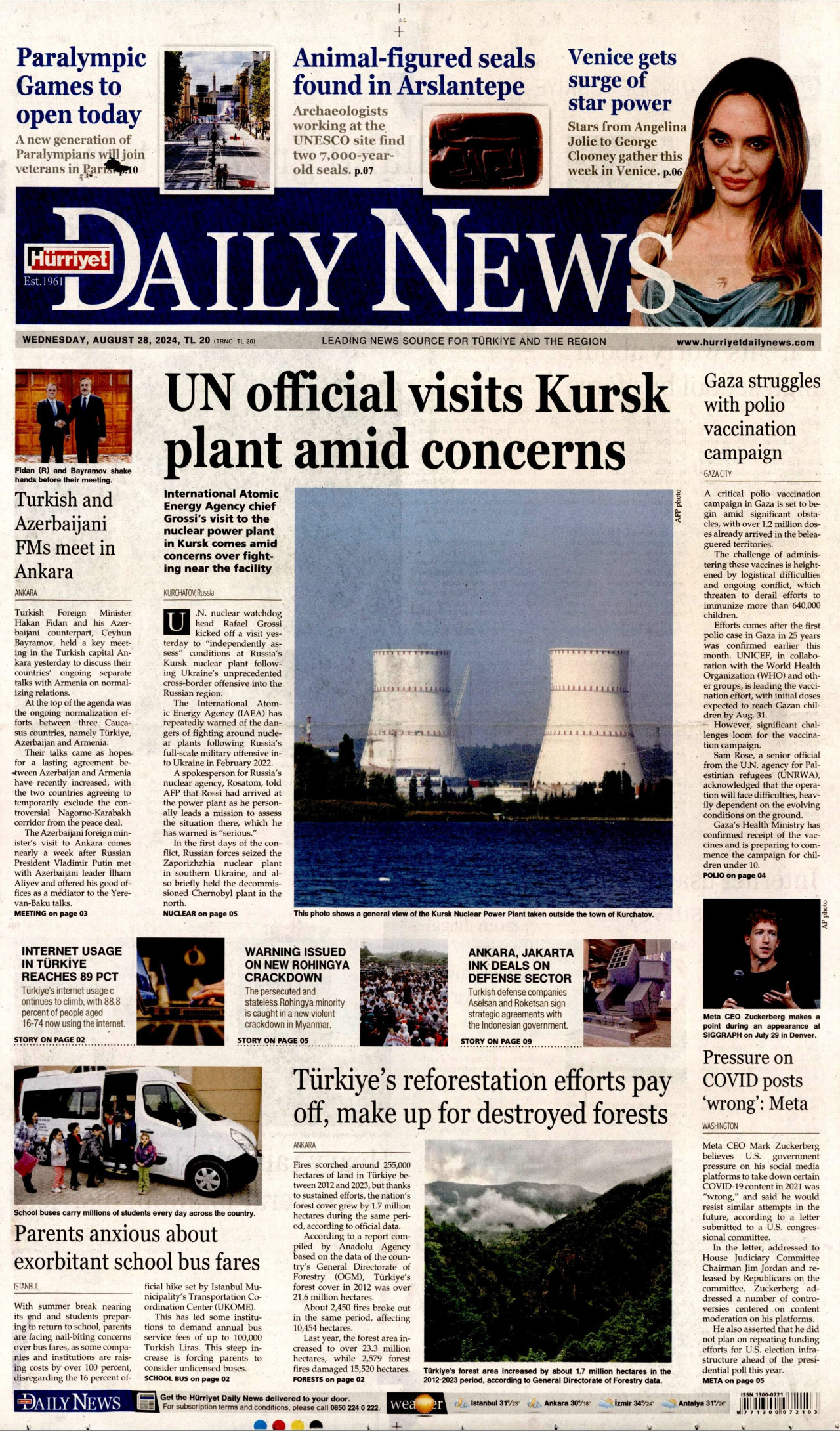 HÜRRİYET DAİLY NEWS gazetesinin 28 Ağustos 2024 tarihli birinci sayfası