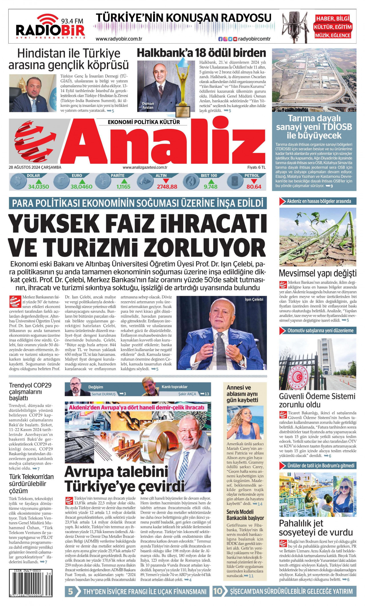 ANALİZ gazetesinin 28 Ağustos 2024 tarihli birinci sayfası