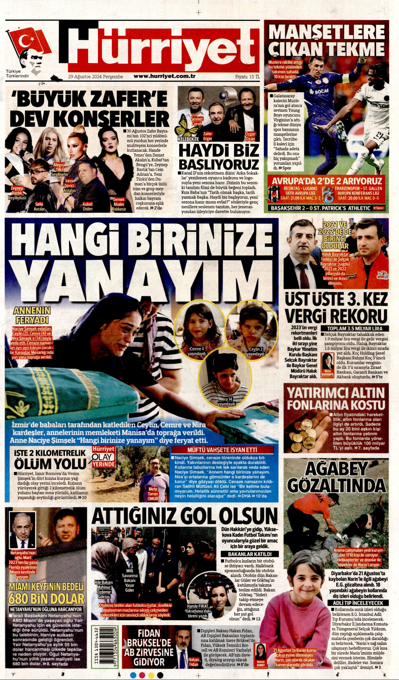 HÜRRİYET gazetesinin 29 Ağustos 2024 tarihli birinci sayfası