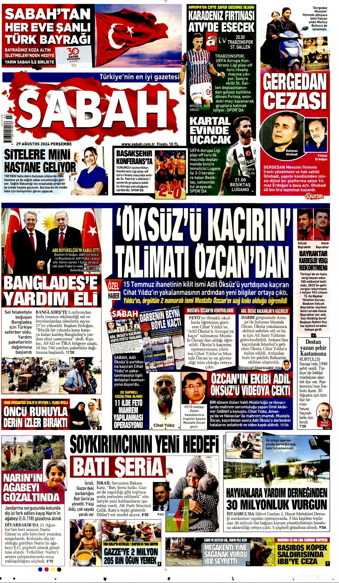 SABAH gazetesinin 29 Ağustos 2024 tarihli birinci sayfası