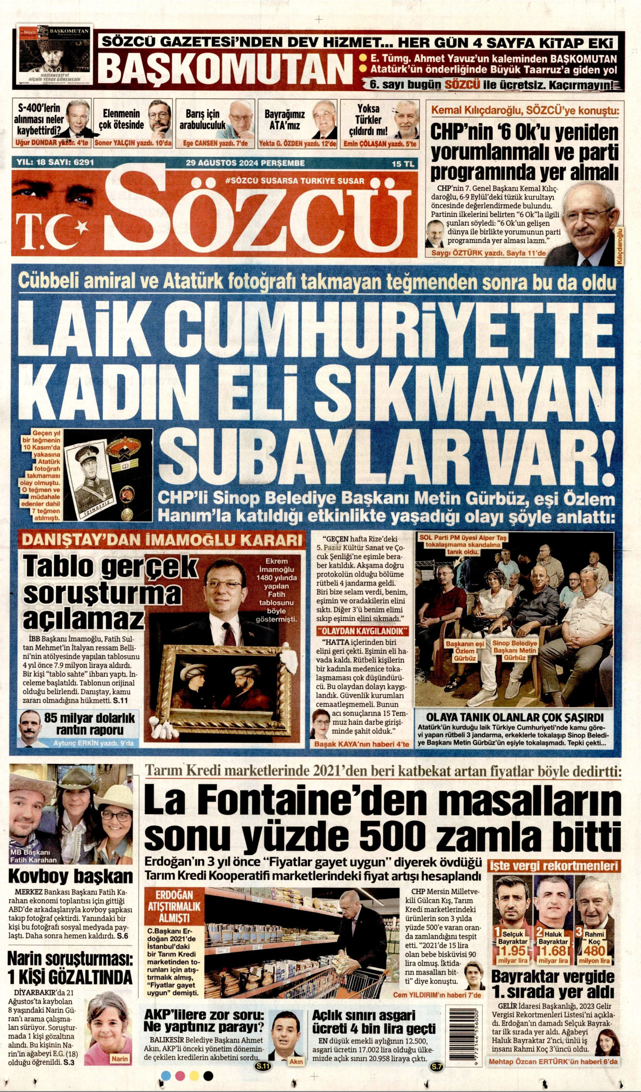 SÖZCÜ gazetesinin 29 Ağustos 2024 tarihli birinci sayfası