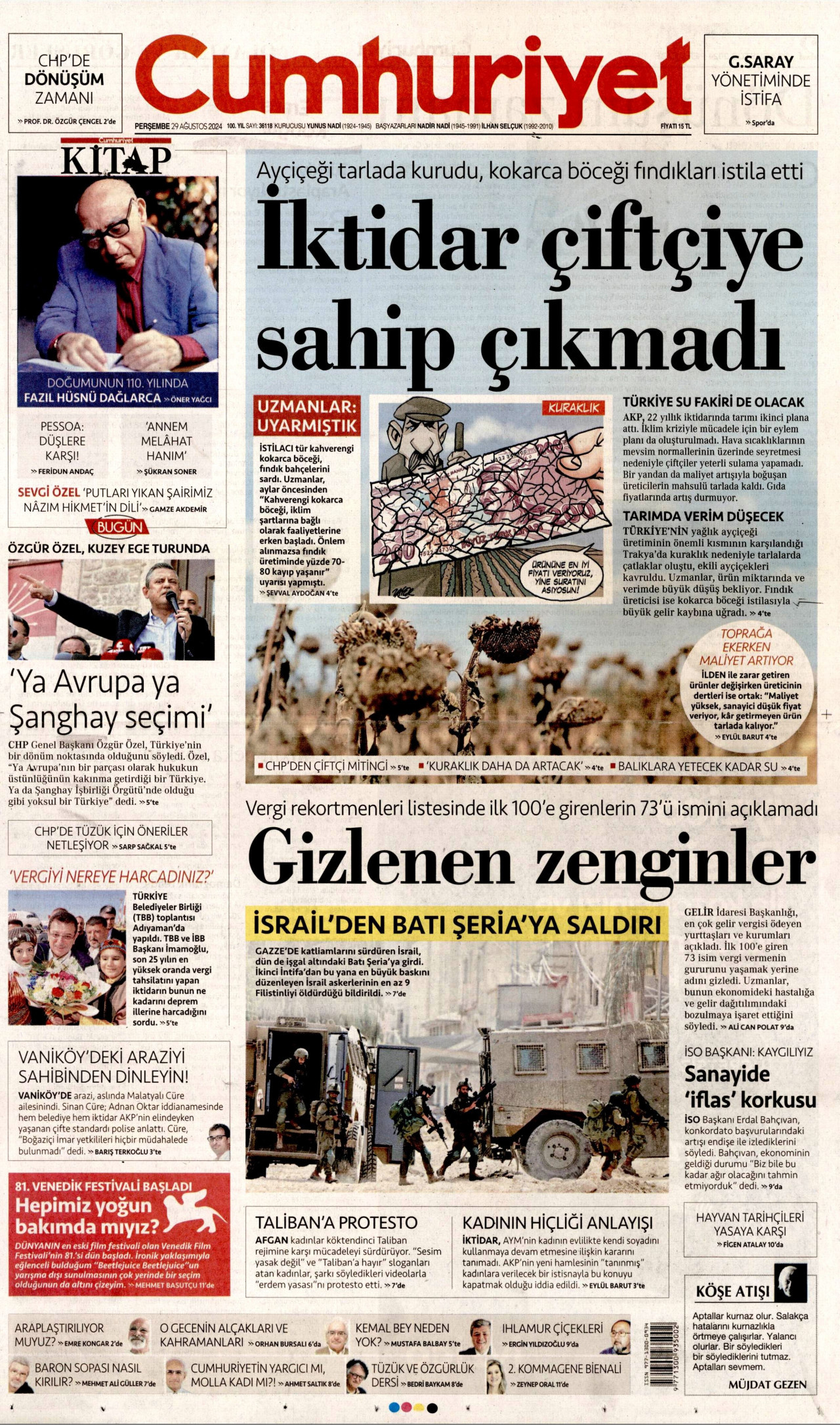 CUMHURİYET gazetesinin 29 Ağustos 2024 tarihli birinci sayfası