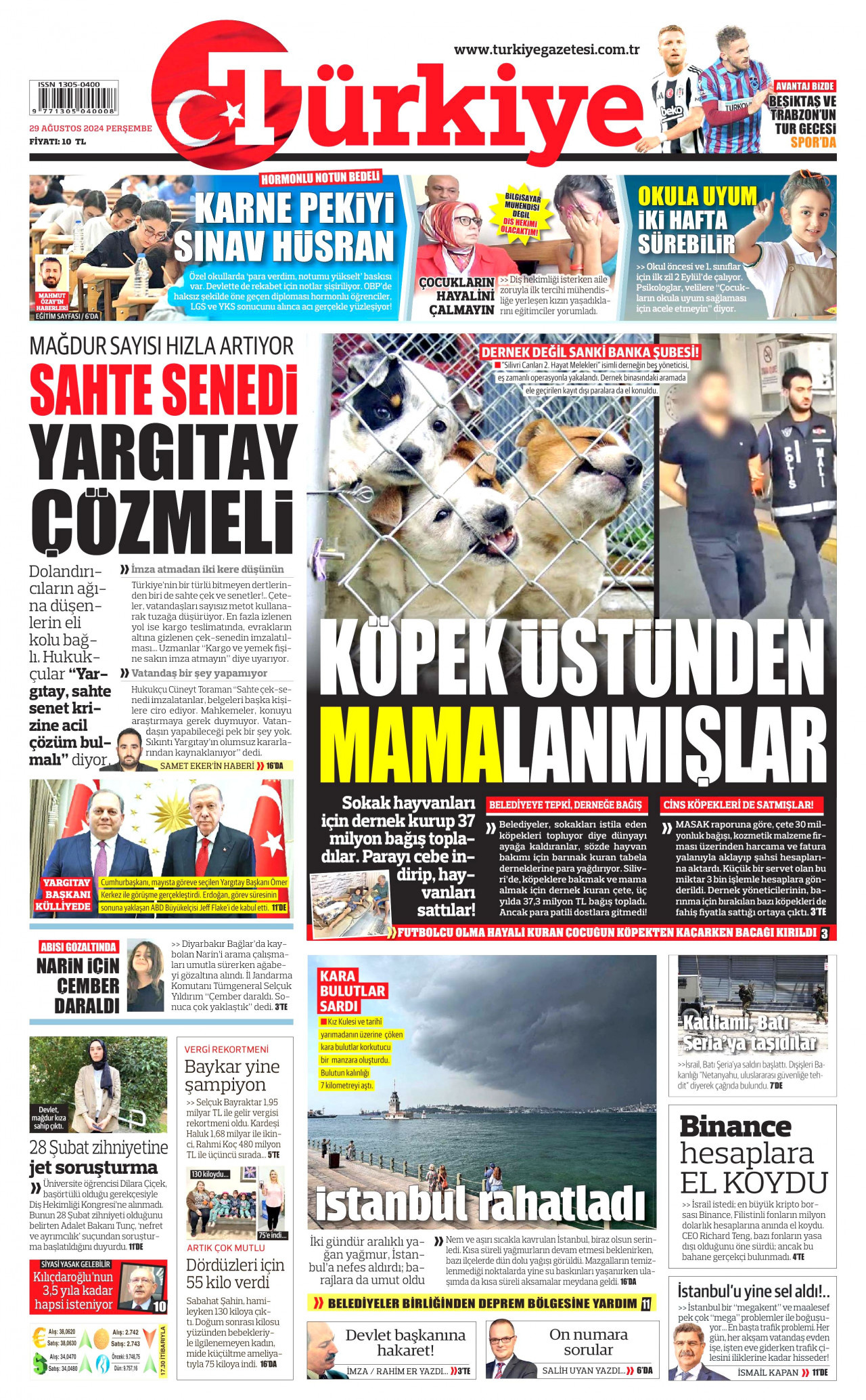 TÜRKİYE GAZETESİ gazetesinin 29 Ağustos 2024 tarihli birinci sayfası