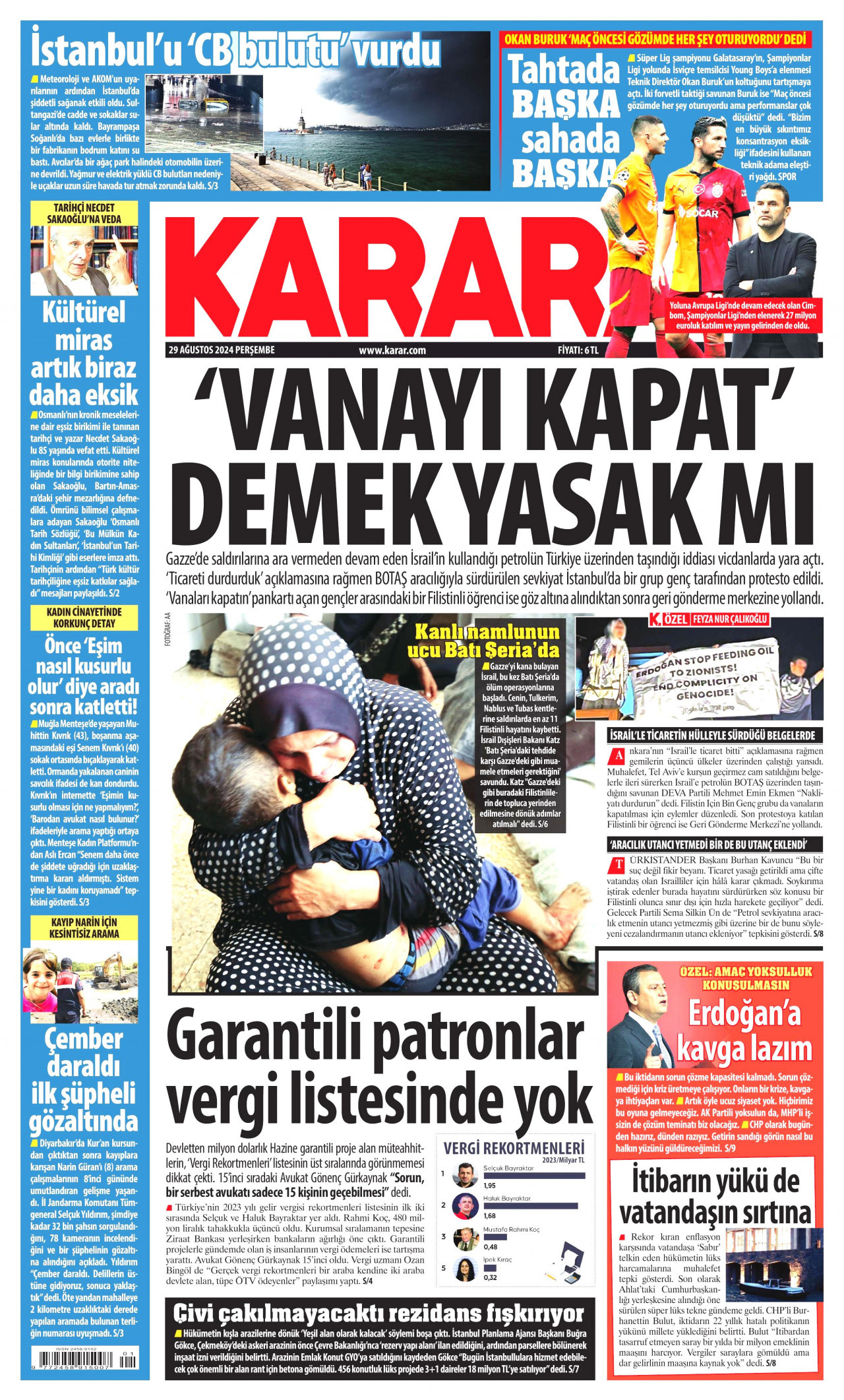 KARAR gazetesinin 29 Ağustos 2024 tarihli birinci sayfası
