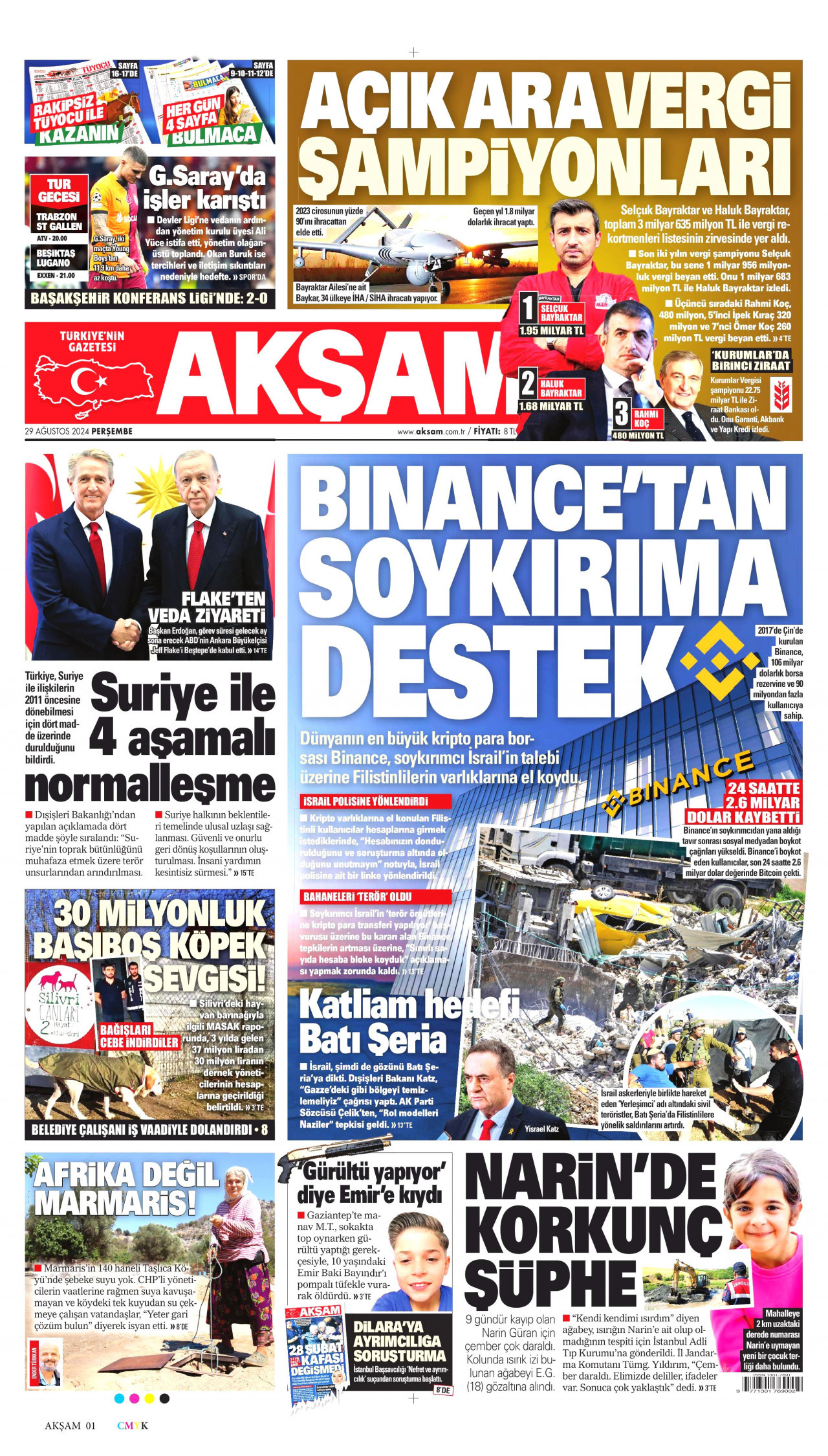 AKŞAM gazetesinin 29 Ağustos 2024 tarihli birinci sayfası