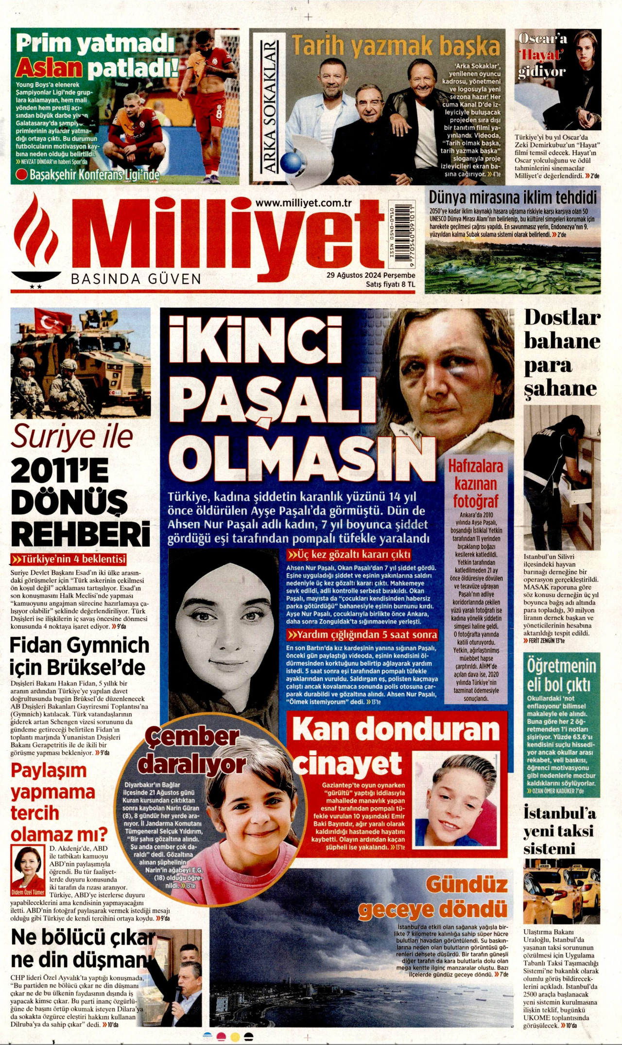 MİLLİYET gazetesinin 29 Ağustos 2024 tarihli birinci sayfası