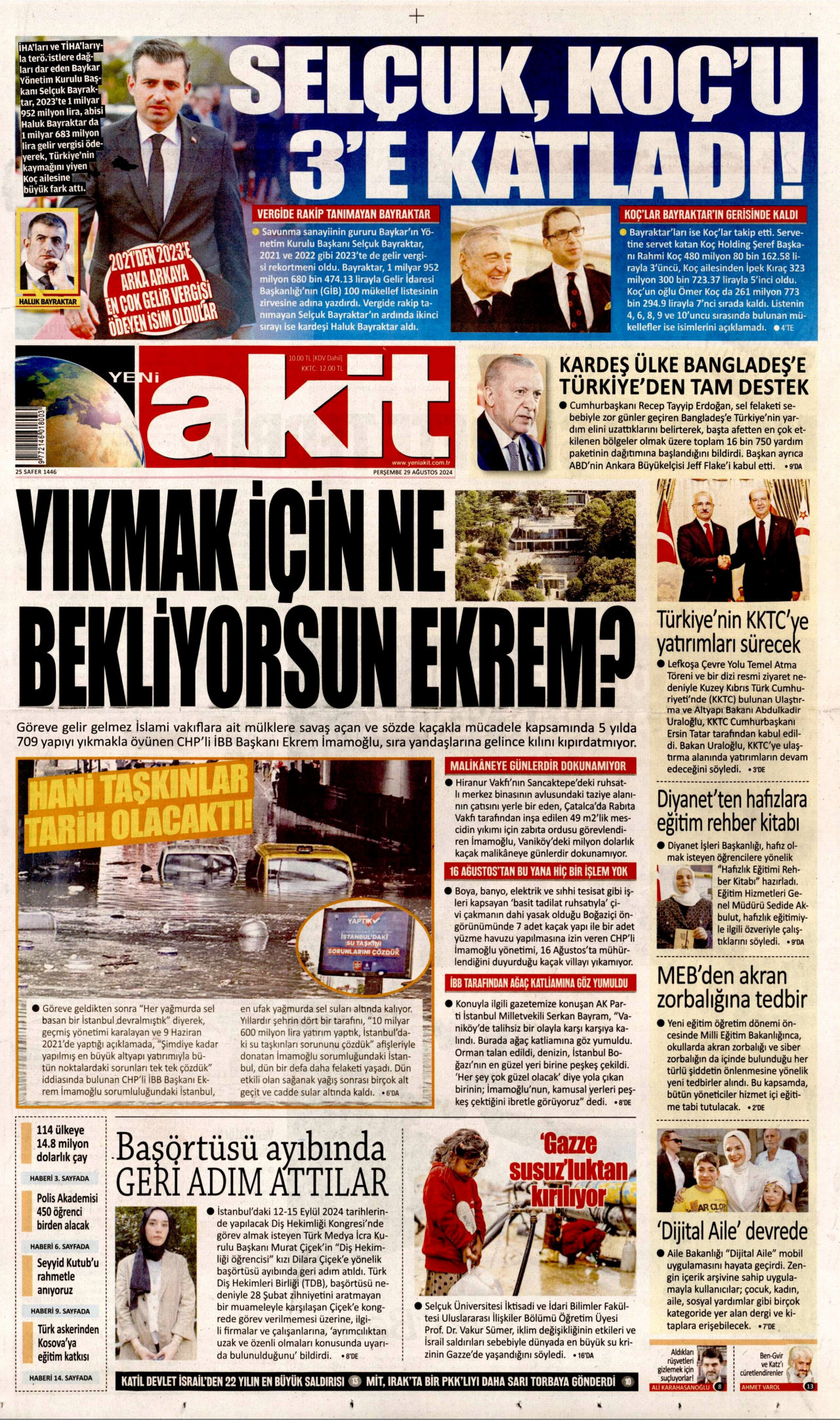 YENİ AKİT gazetesinin 29 Ağustos 2024 tarihli birinci sayfası